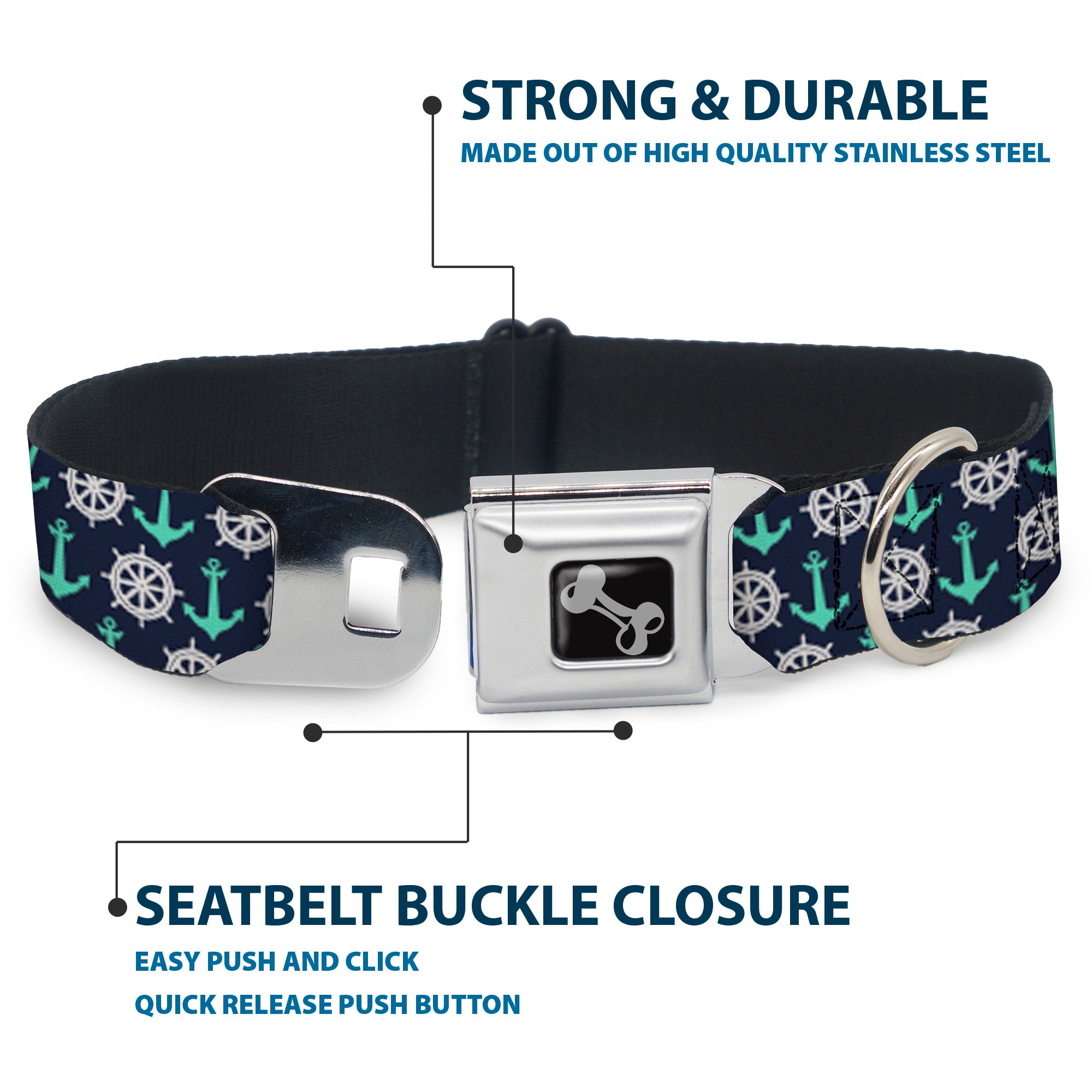 Dog Bone Seatbelt Buckle Collar - Anchor2/Helm Monogram Navy/Turquoise/White Seatbelt Buckle Collars Buckle-Down