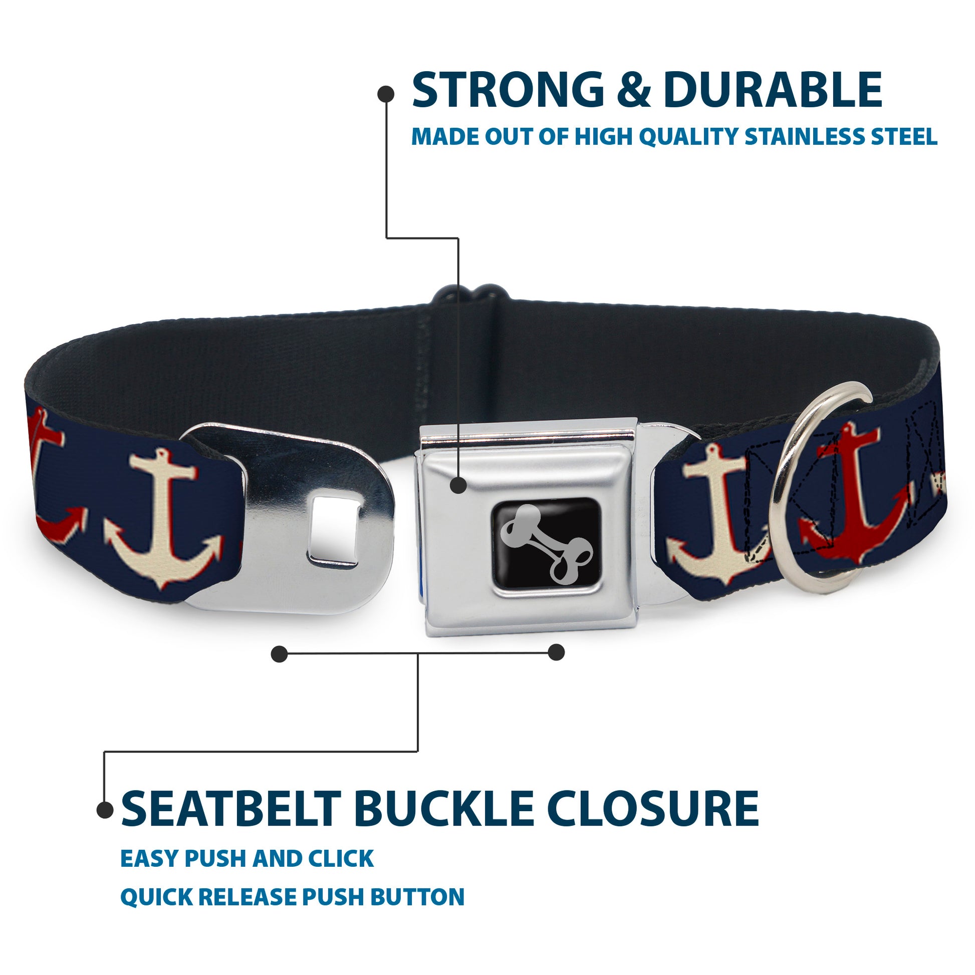 Dog Bone Seatbelt Buckle Collar - Anchor3 CLOSE-UP Navy/Red/Cream Seatbelt Buckle Collars Buckle-Down