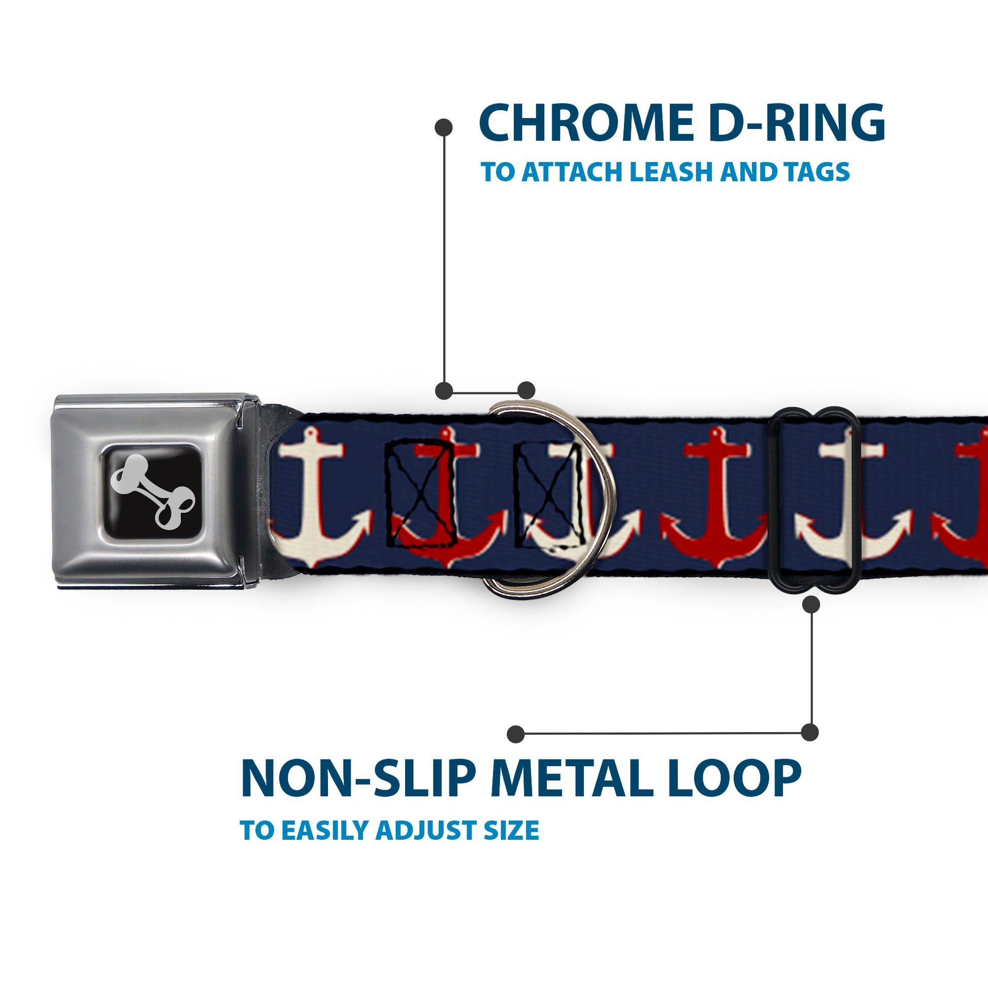 Dog Bone Seatbelt Buckle Collar - Anchor3 CLOSE-UP Navy/Red/Cream Seatbelt Buckle Collars Buckle-Down