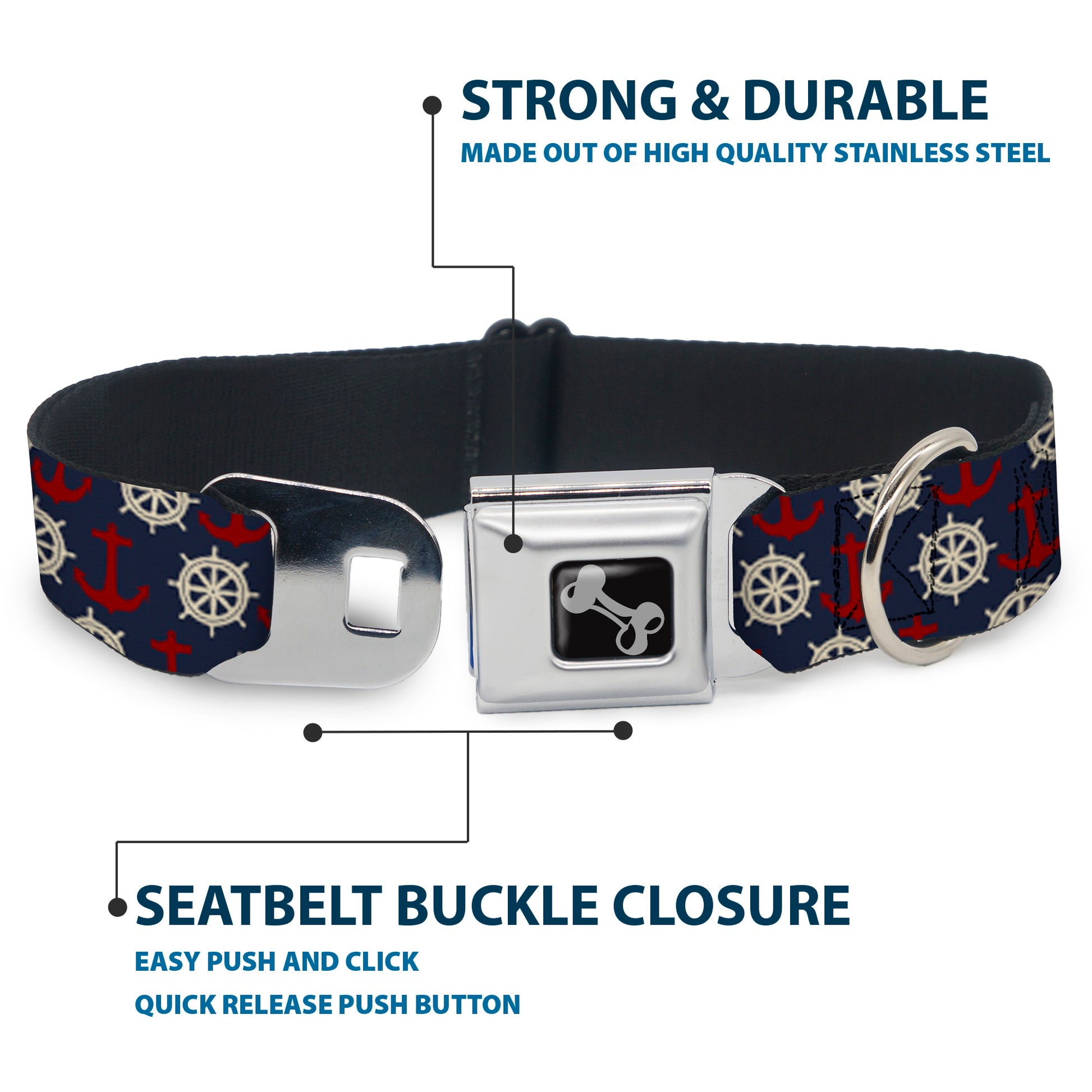 Dog Bone Seatbelt Buckle Collar - Anchor3/Helm Monogram Navy/Red/Cream Seatbelt Buckle Collars Buckle-Down