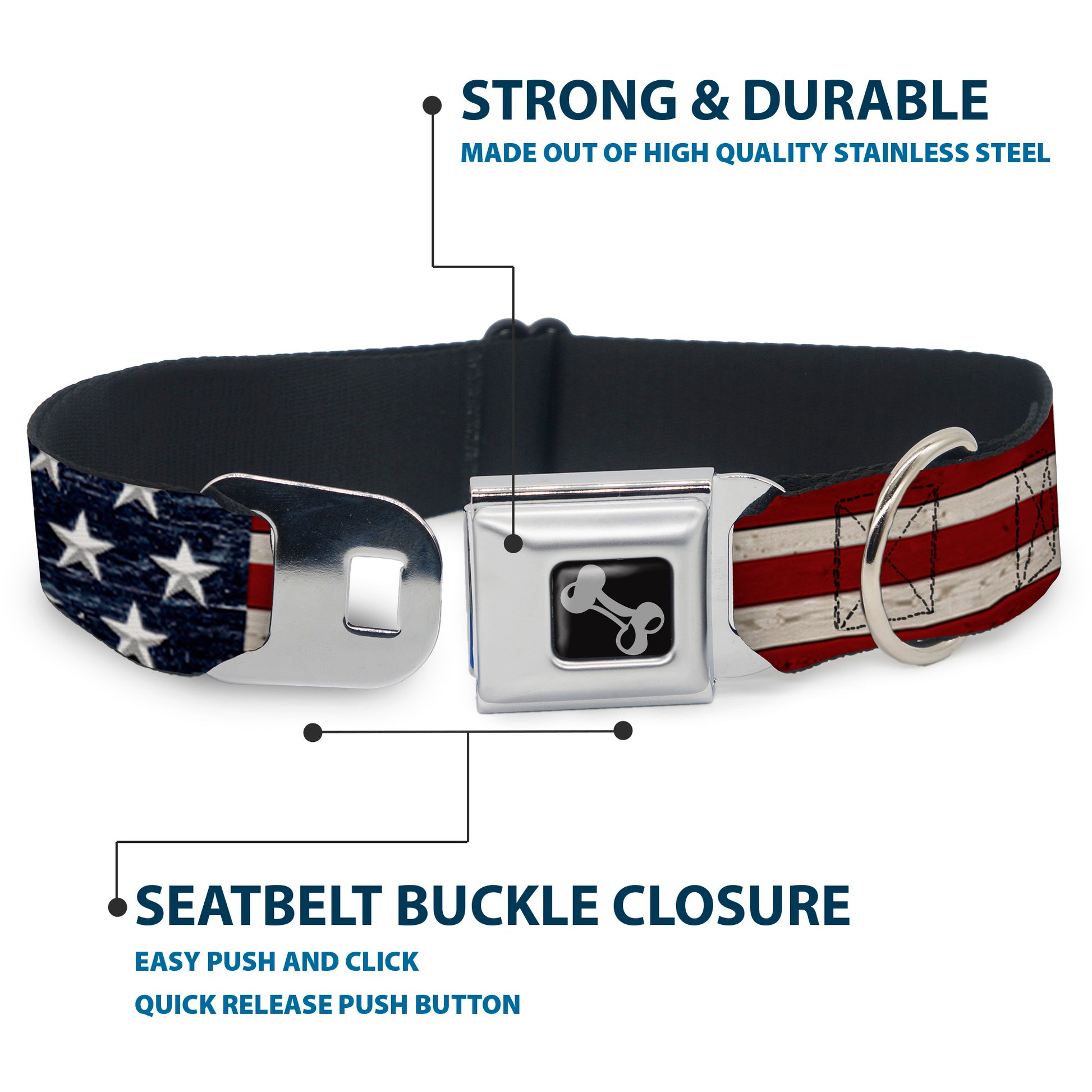 Dog Bone Seatbelt Buckle Collar - Americana Rustic Stars & Stripes Seatbelt Buckle Collars Buckle-Down