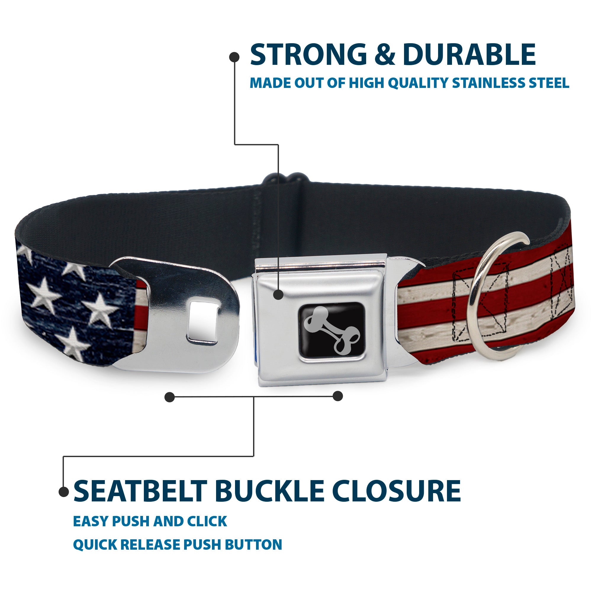 Dog Bone Seatbelt Buckle Collar - Americana Rustic Stars & Stripes Seatbelt Buckle Collars Buckle-Down