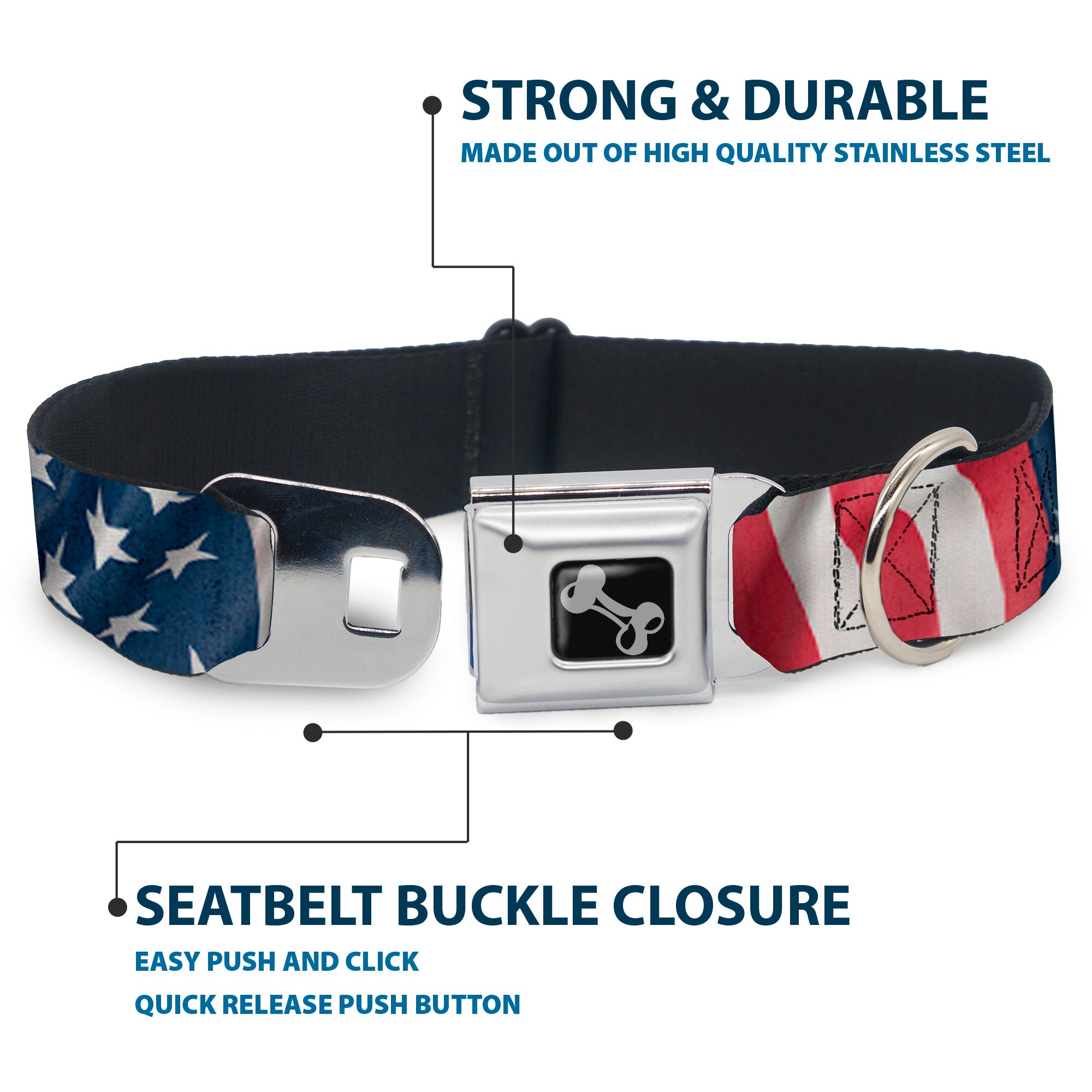 Dog Bone Seatbelt Buckle Collar - American Flag Vertical CLOSE-UP Seatbelt Buckle Collars Buckle-Down