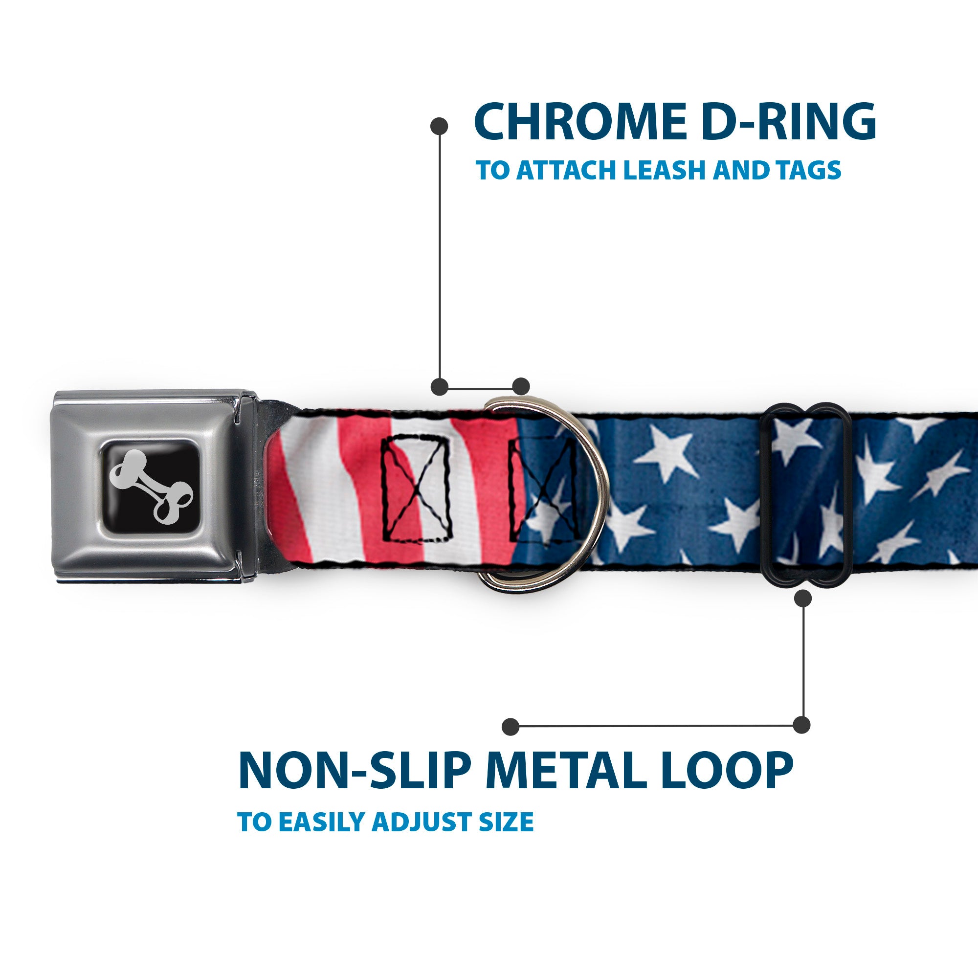 Dog Bone Seatbelt Buckle Collar - American Flag Vertical CLOSE-UP Seatbelt Buckle Collars Buckle-Down