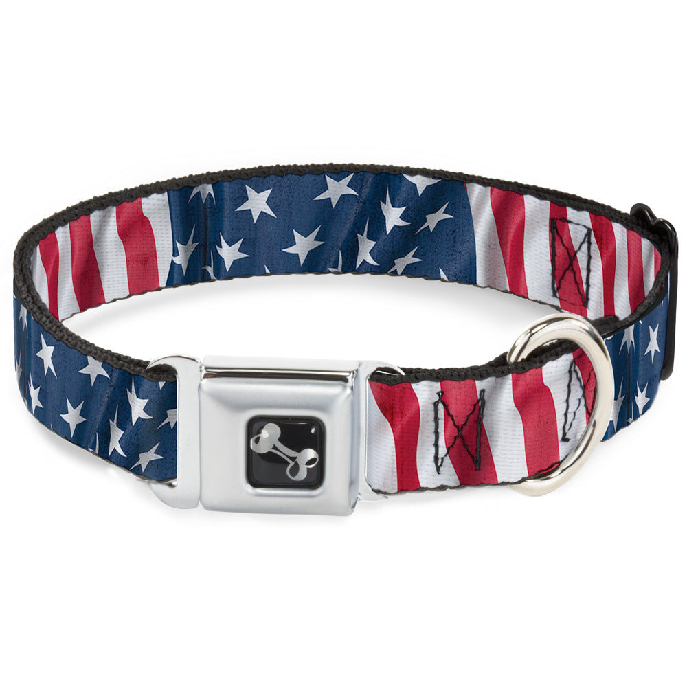Dog Bone Seatbelt Buckle Collar - American Flag Vertical CLOSE-UP Seatbelt Buckle Collars Buckle-Down