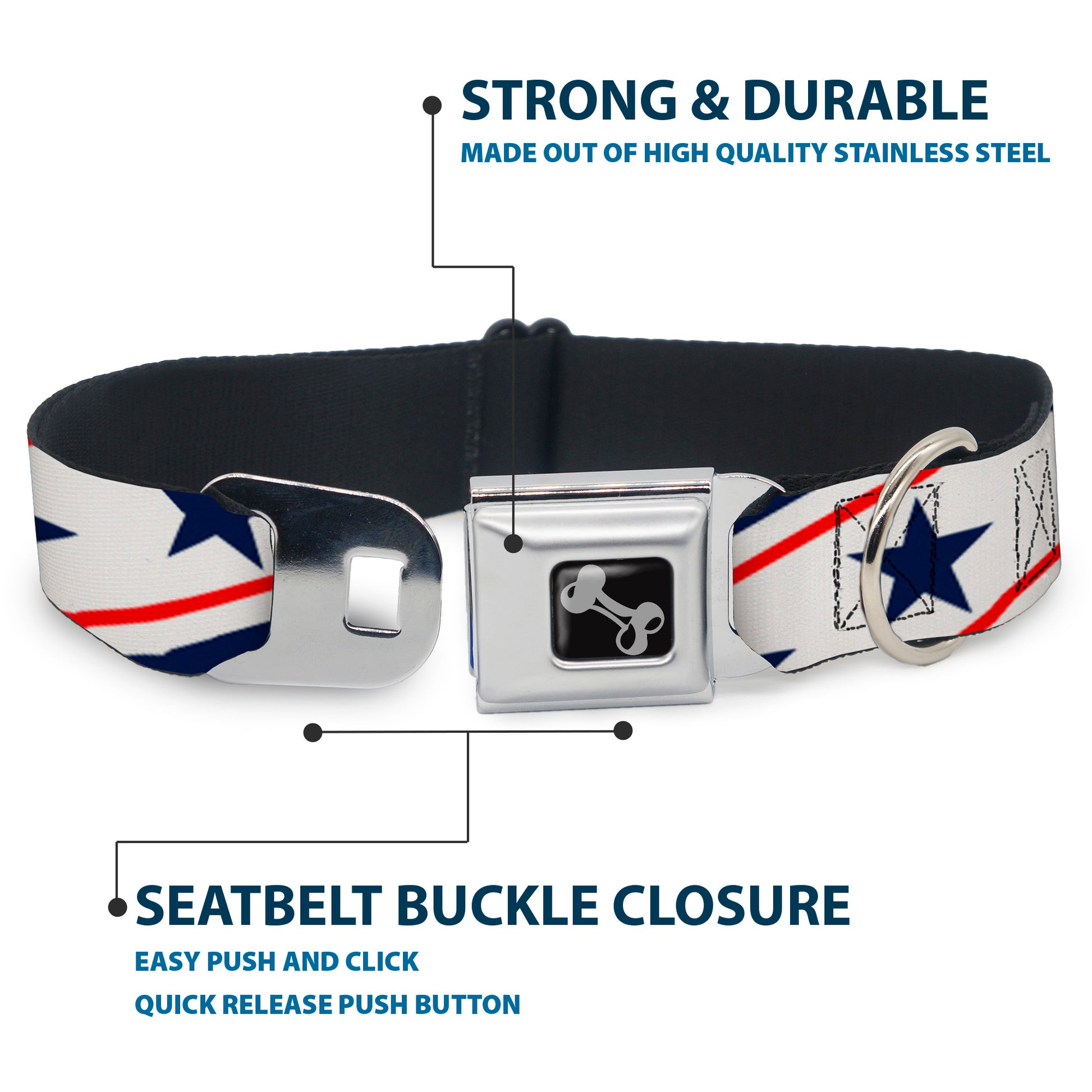 Dog Bone Seatbelt Buckle Collar - Americana Diagonal Stars & Stripes White/Red/Blue Seatbelt Buckle Collars Buckle-Down
