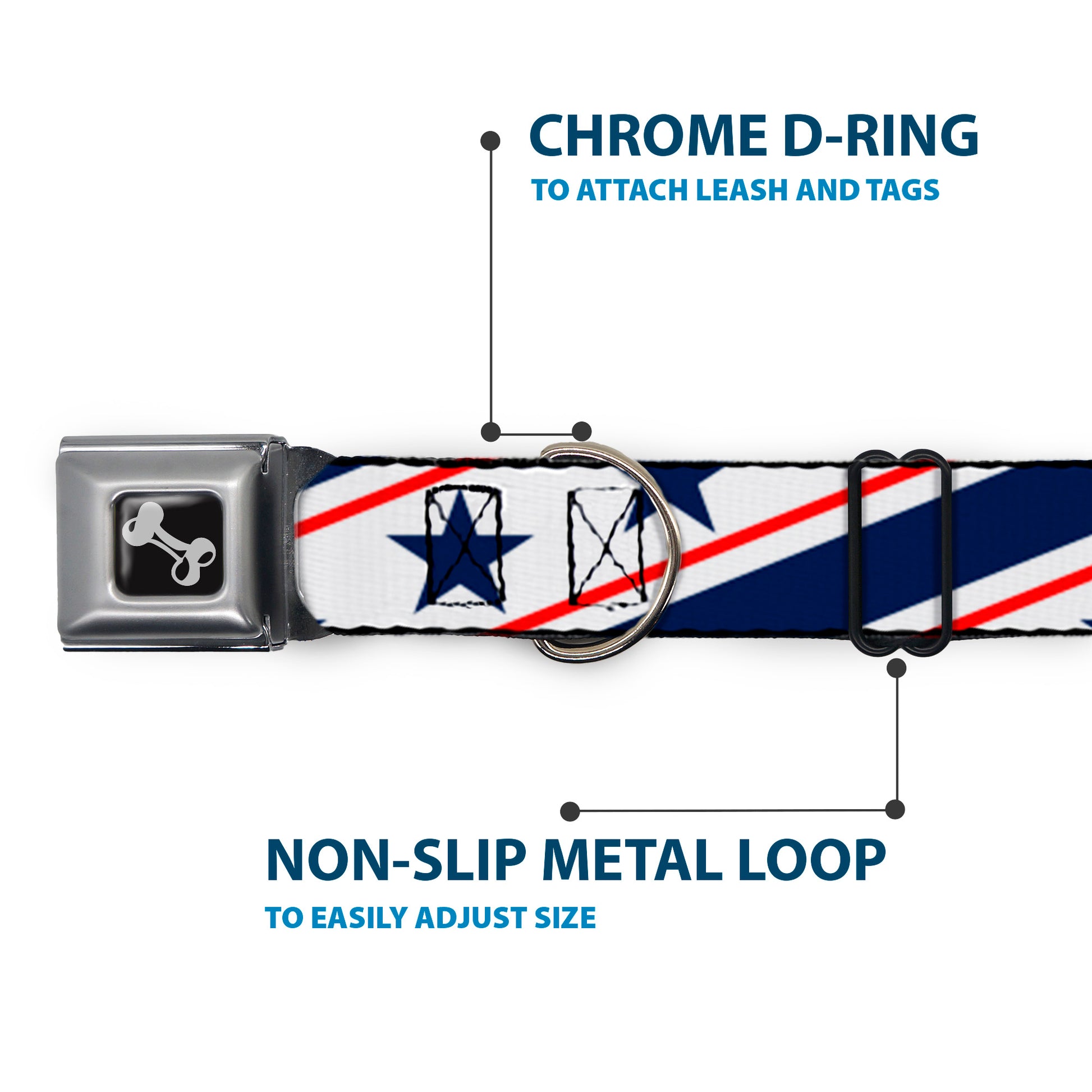 Dog Bone Seatbelt Buckle Collar - Americana Diagonal Stars & Stripes White/Red/Blue Seatbelt Buckle Collars Buckle-Down