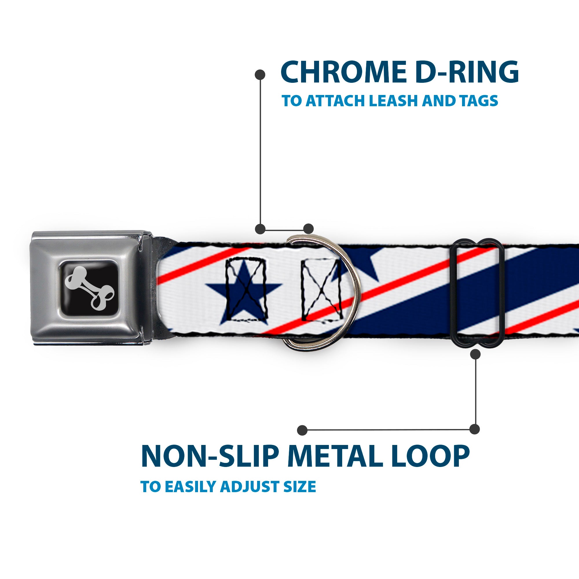 Dog Bone Seatbelt Buckle Collar - Americana Diagonal Stars & Stripes White/Red/Blue Seatbelt Buckle Collars Buckle-Down
