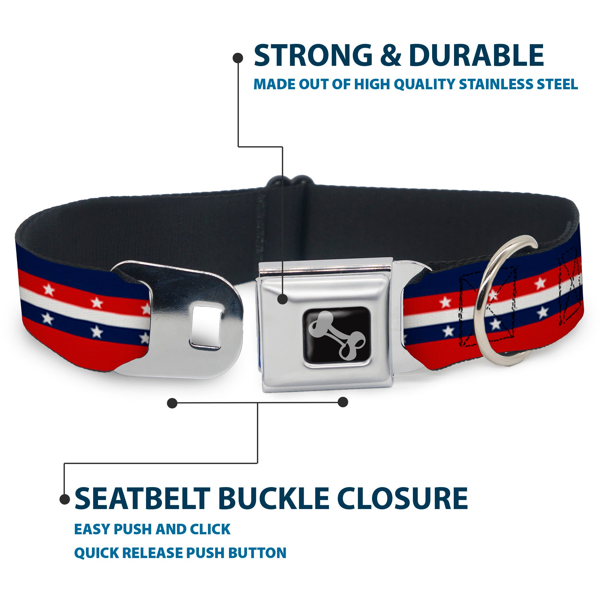 Dog Bone Seatbelt Buckle Collar - Americana Stripe w/Stars Blue/Red/White Seatbelt Buckle Collars Buckle-Down