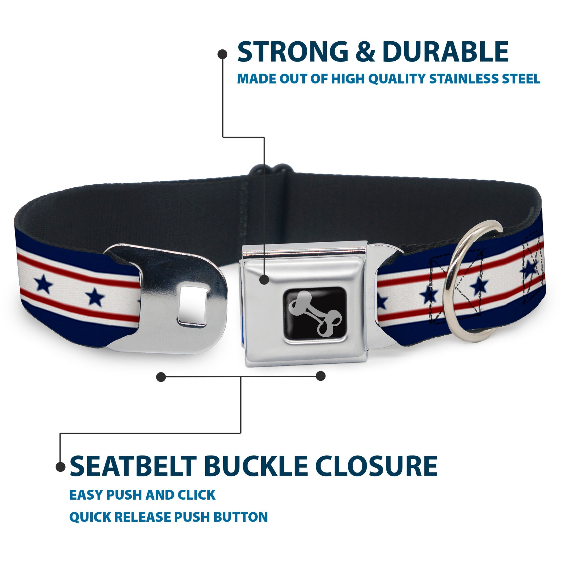 Dog Bone Seatbelt Buckle Collar - Americana Stars & Stripes 6 Blue/White/Red Seatbelt Buckle Collars Buckle-Down
