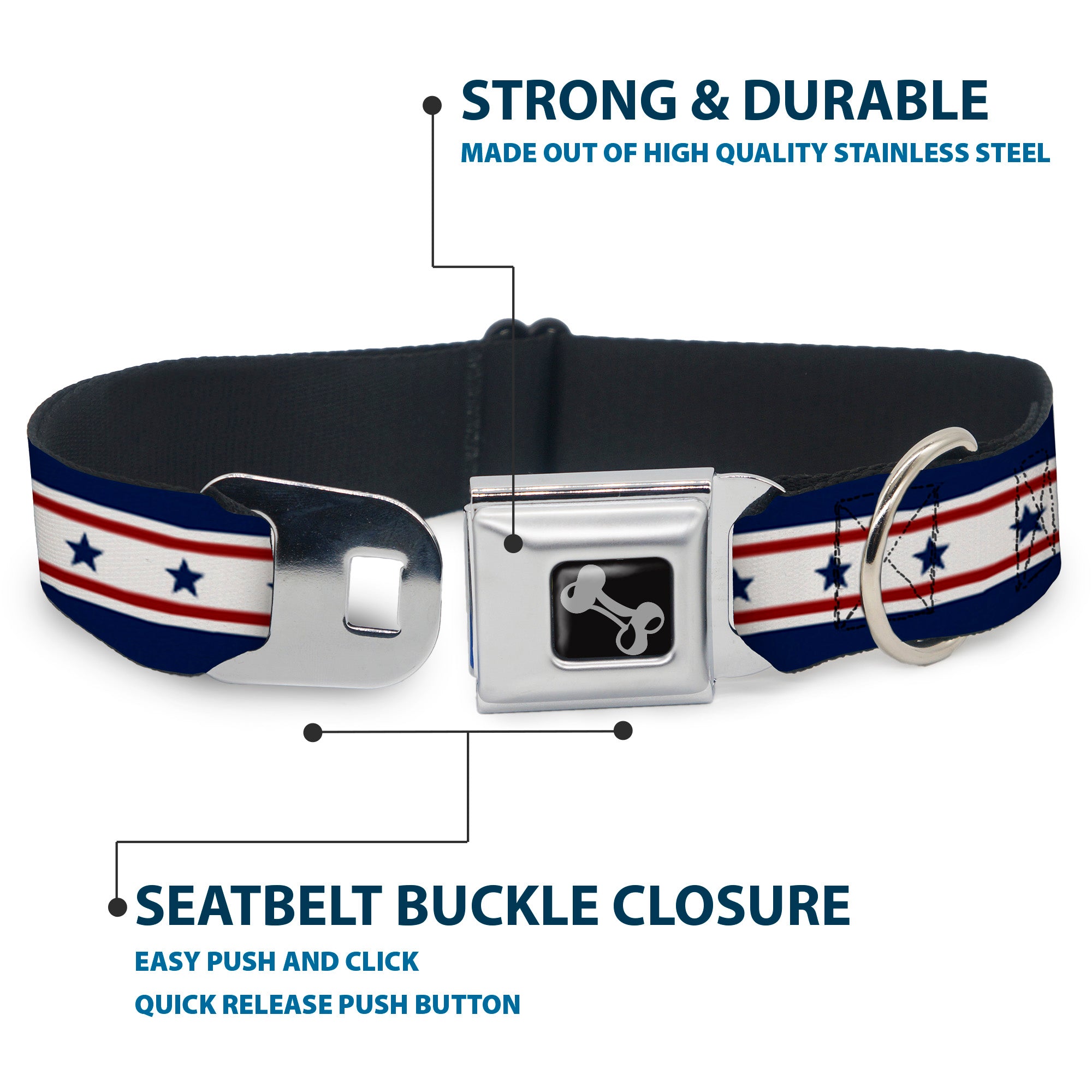 Dog Bone Seatbelt Buckle Collar - Americana Stars & Stripes 6 Blue/White/Red Seatbelt Buckle Collars Buckle-Down