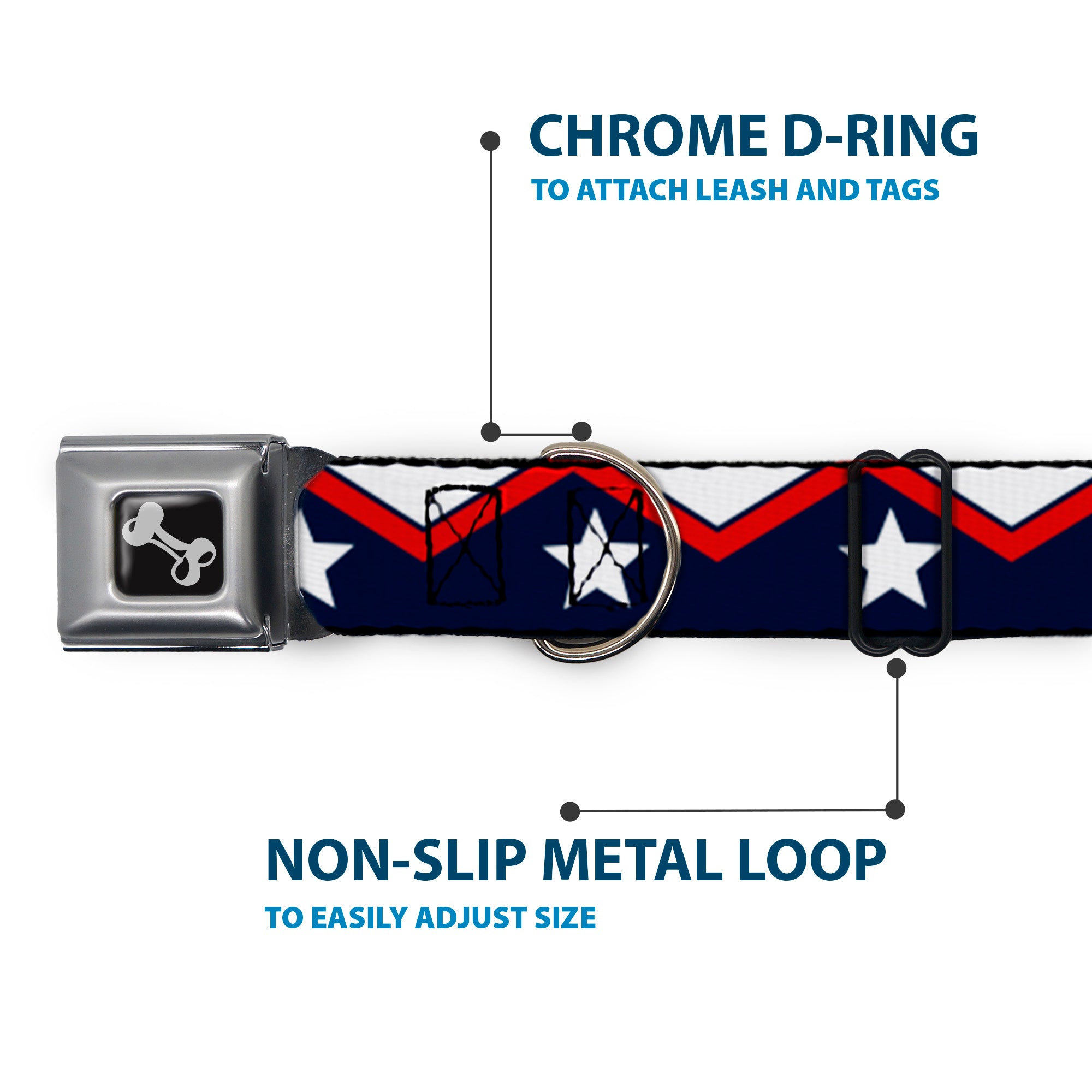Dog Bone Seatbelt Buckle Collar - American Chevron & Stripes White/Red/Blue Seatbelt Buckle Collars Buckle-Down