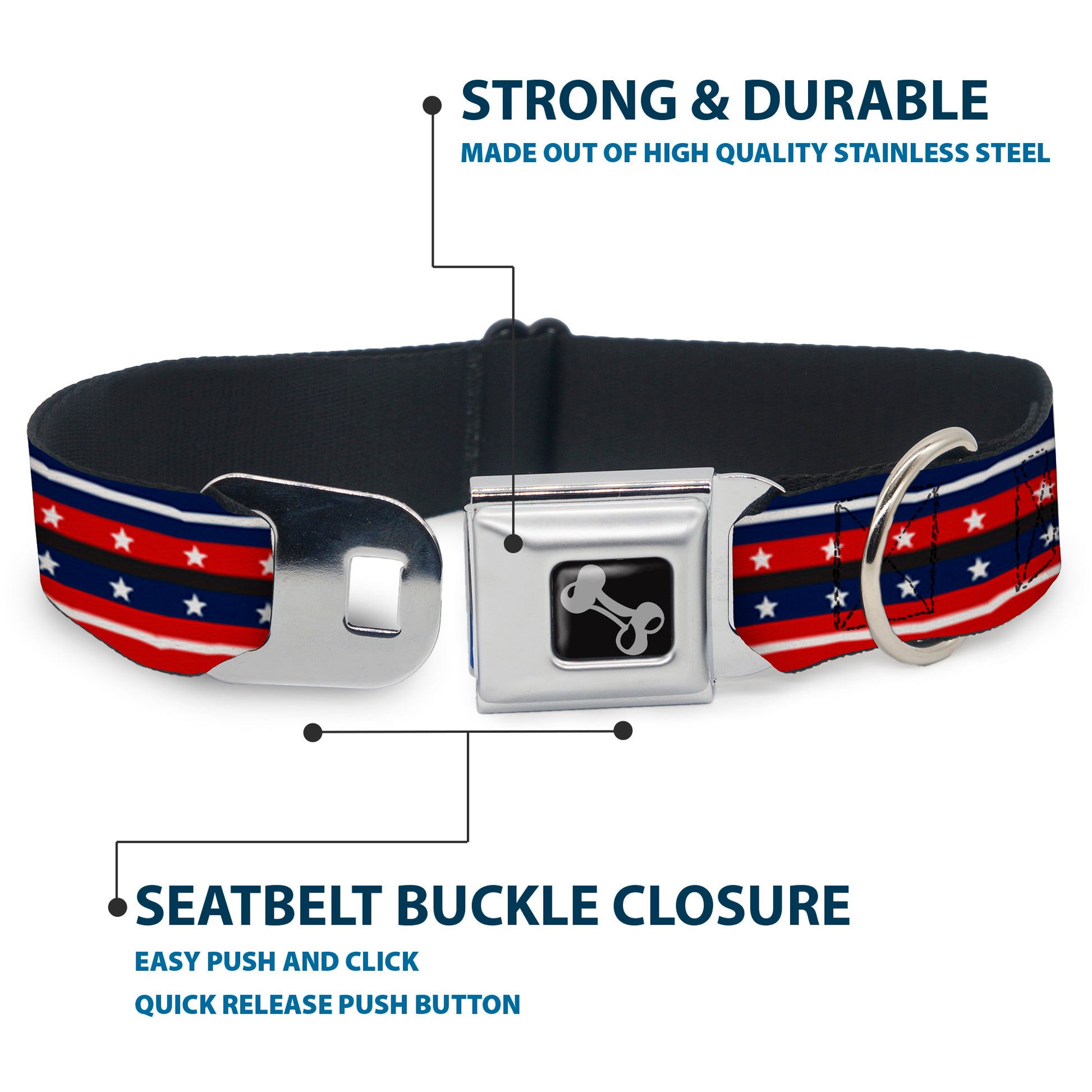 Dog Bone Seatbelt Buckle Collar - Americana Stripe w/Stars2 Blue/Red/White Seatbelt Buckle Collars Buckle-Down