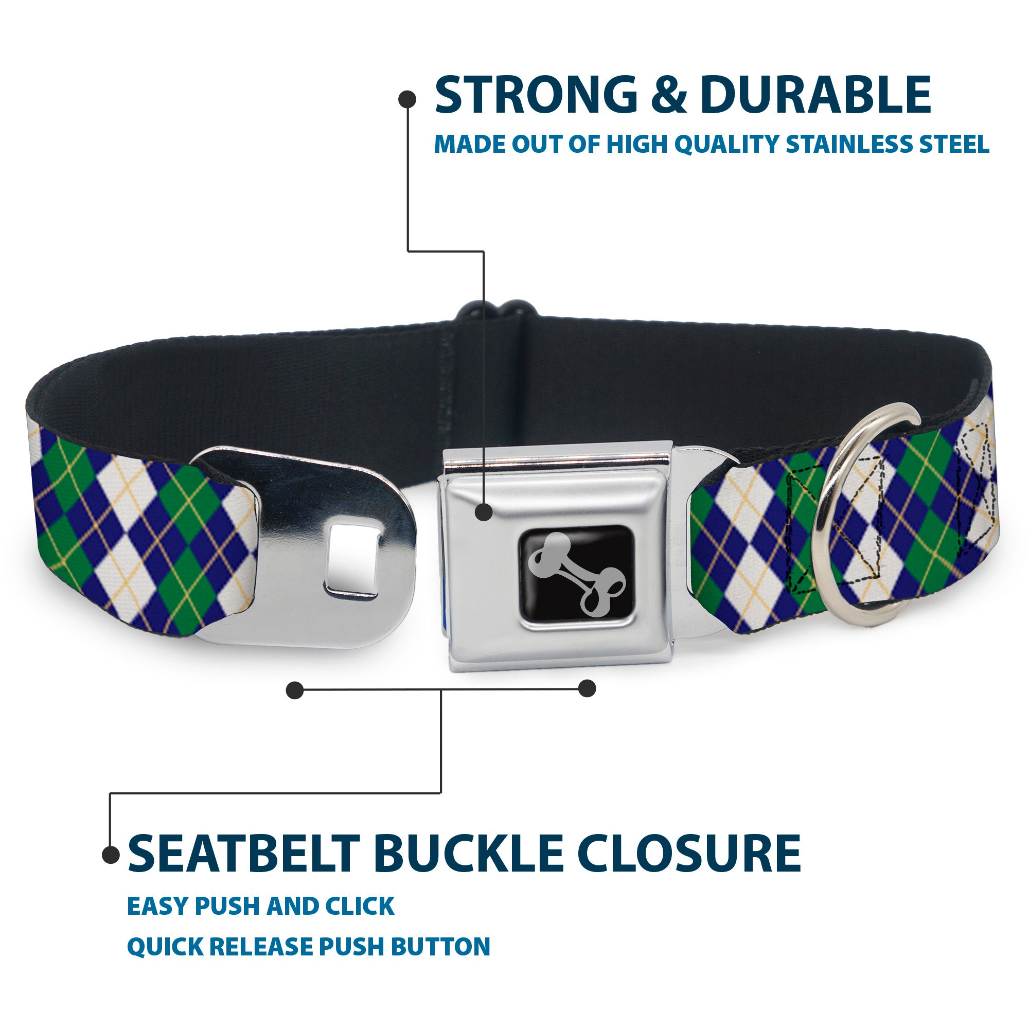 Dog Bone Black/Silver Seatbelt Buckle Collar - Argyle Navy/Green/White/Gold Seatbelt Buckle Collars Buckle-Down