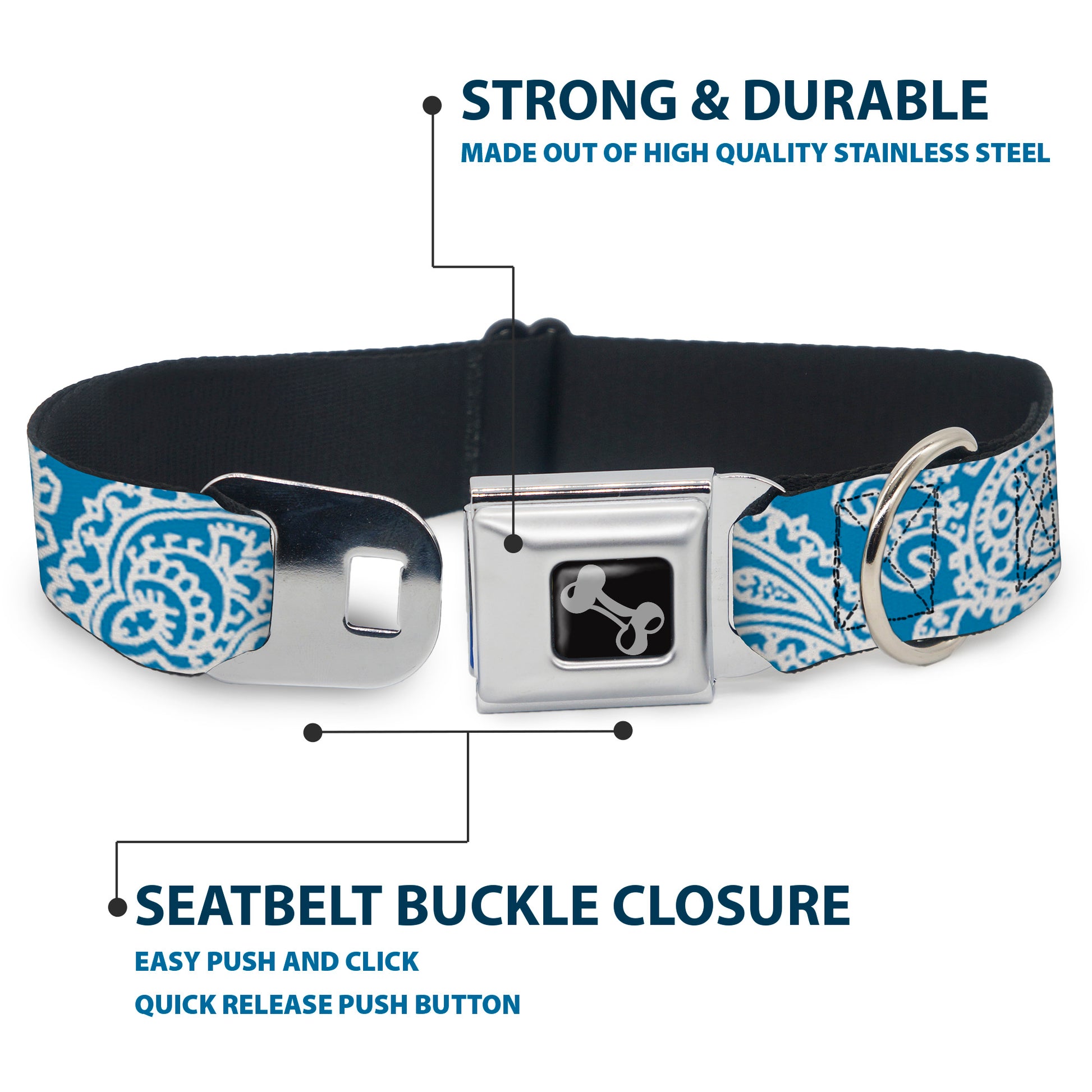 Dog Bone Seatbelt Buckle Collar - Bandana/Skulls Baby Blue/White Seatbelt Buckle Collars Buckle-Down