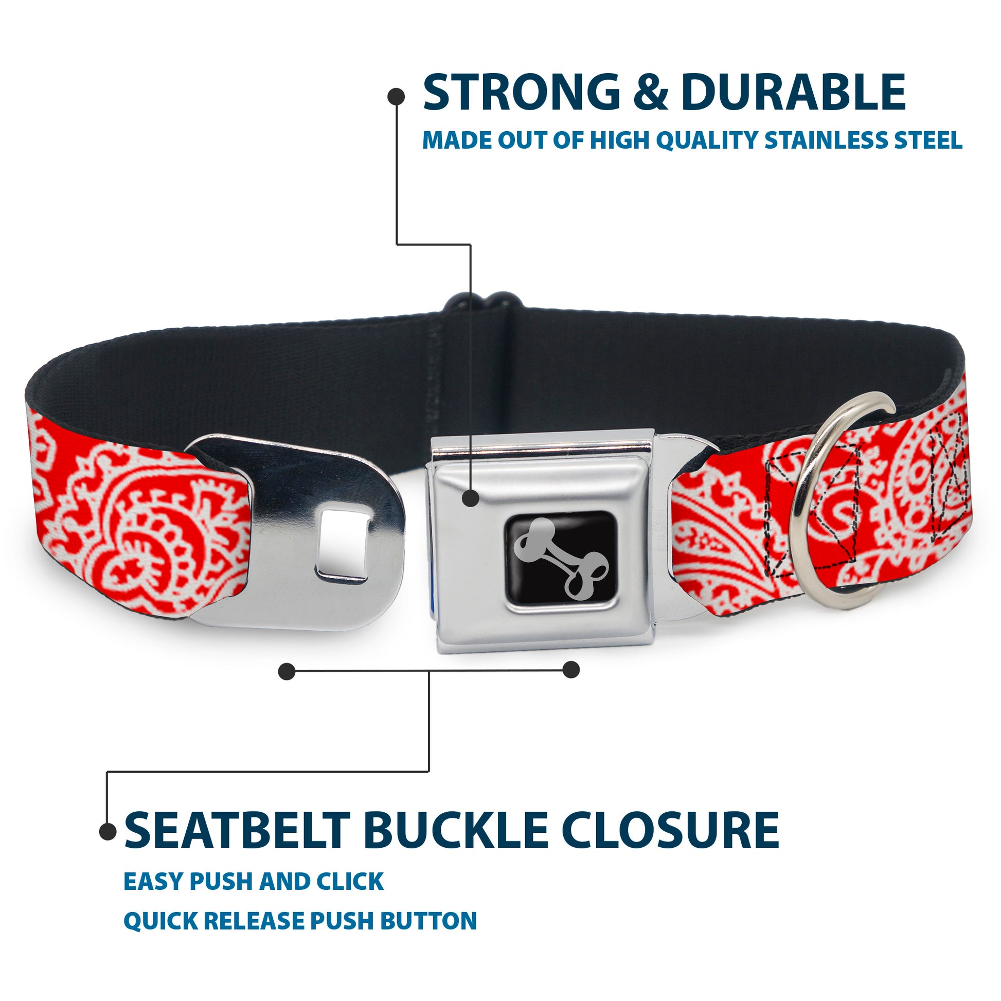 Dog Bone Seatbelt Buckle Collar - Bandana/Skulls Red/White Seatbelt Buckle Collars Buckle-Down