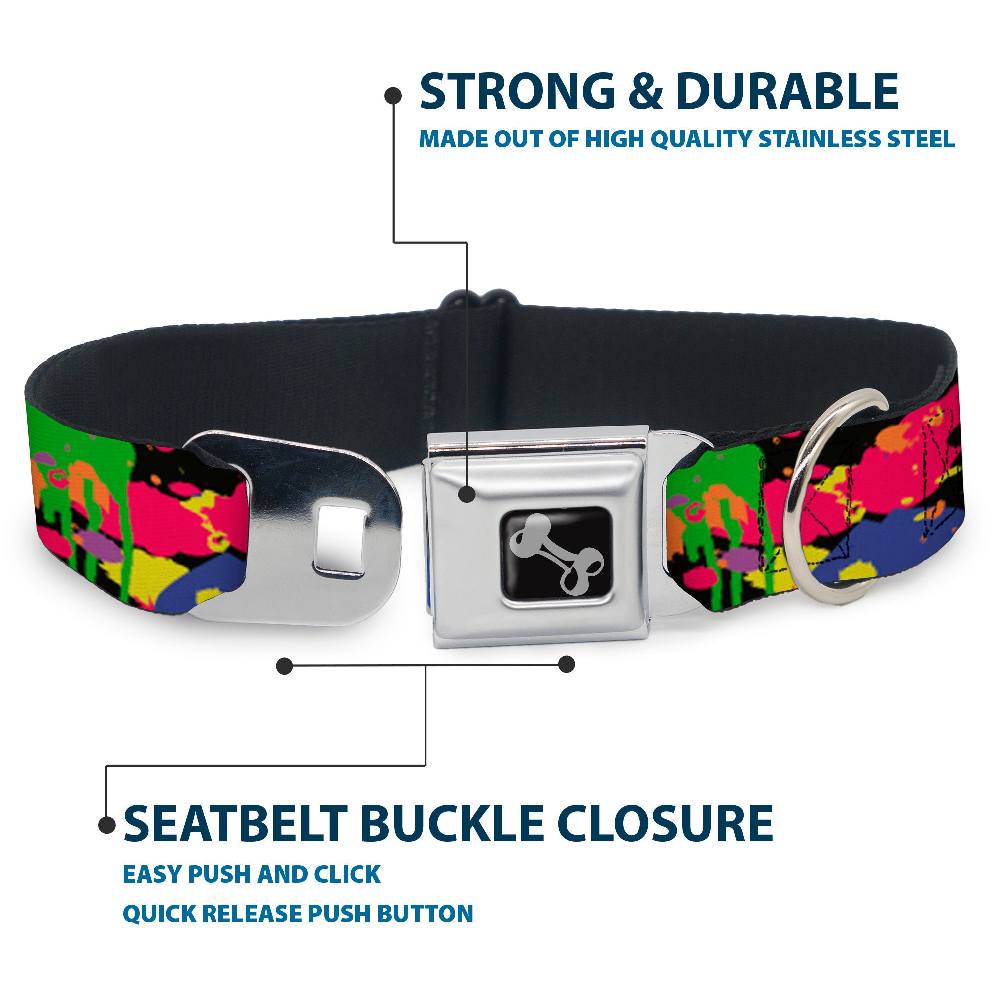 Dog Bone Seatbelt Buckle Collar - BD Paint Splatter Black/Neon Seatbelt Buckle Collars Buckle-Down