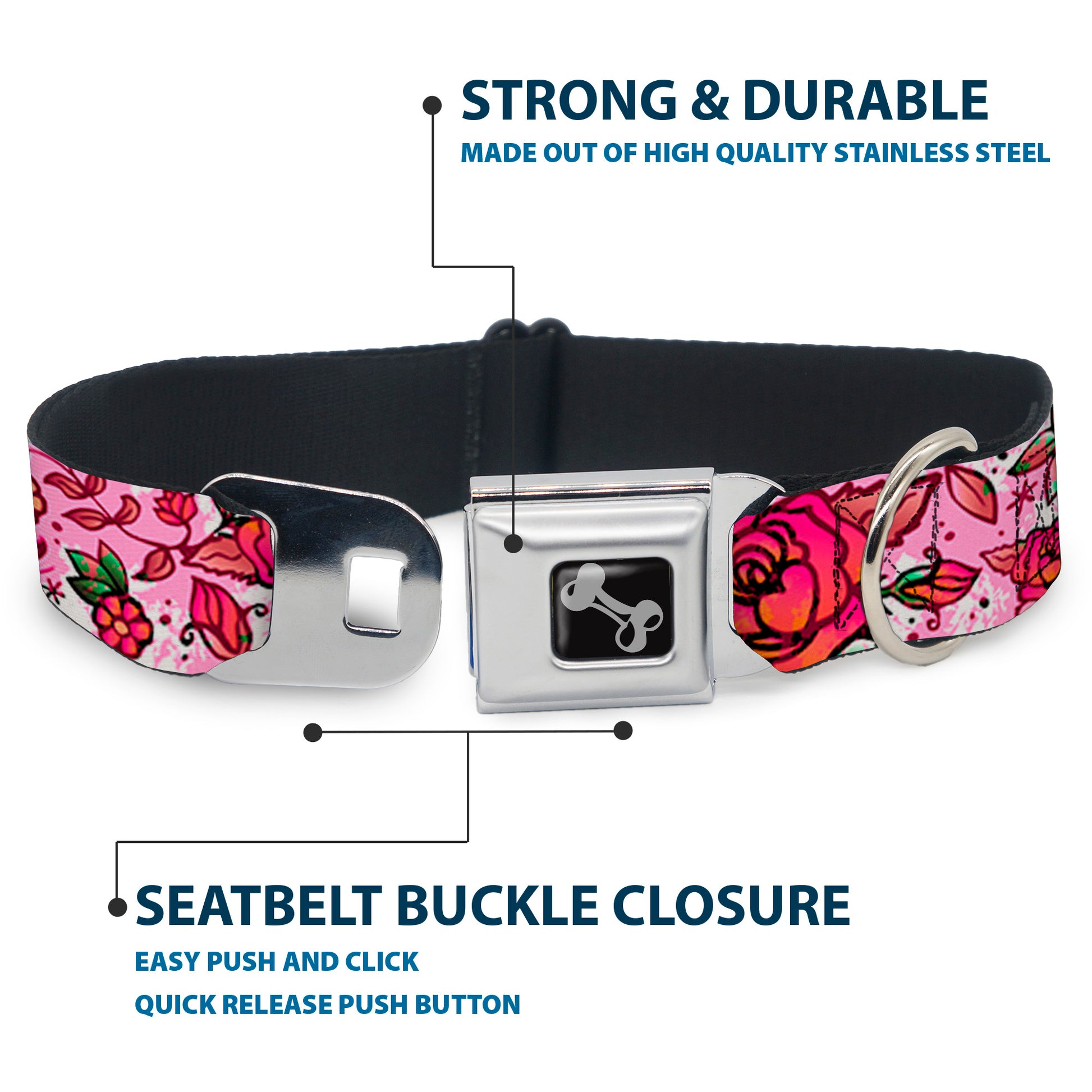 Dog Bone Seatbelt Buckle Collar - Born to Blossom Pink Seatbelt Buckle Collars Buckle-Down