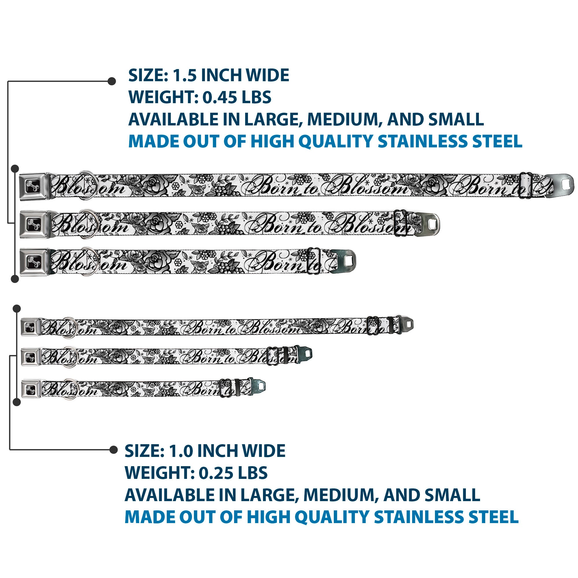 Dog Bone Seatbelt Buckle Collar - Born to Blossom Black/White Seatbelt Buckle Collars Buckle-Down