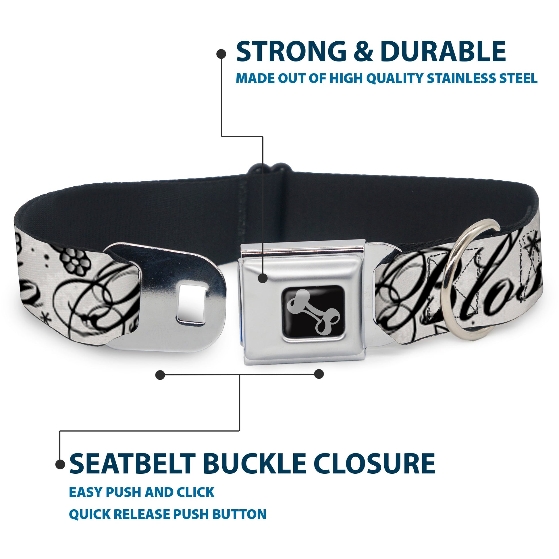Dog Bone Seatbelt Buckle Collar - Born to Blossom Black/White Seatbelt Buckle Collars Buckle-Down