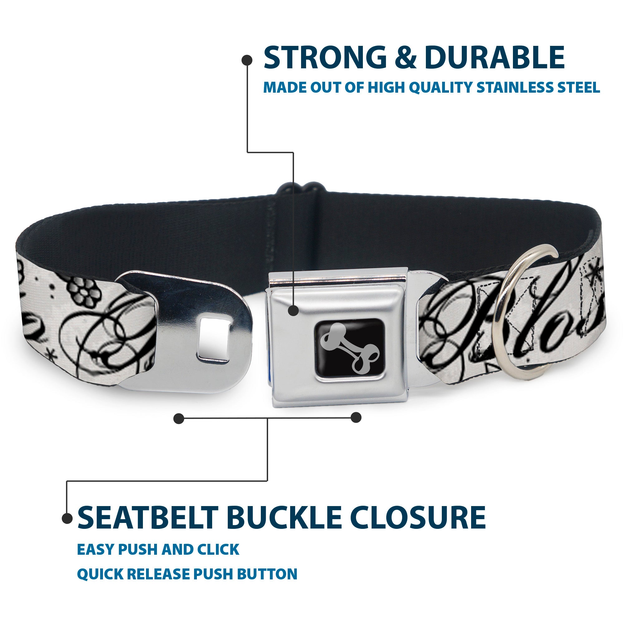 Dog Bone Seatbelt Buckle Collar - Born to Blossom Black/White Seatbelt Buckle Collars Buckle-Down