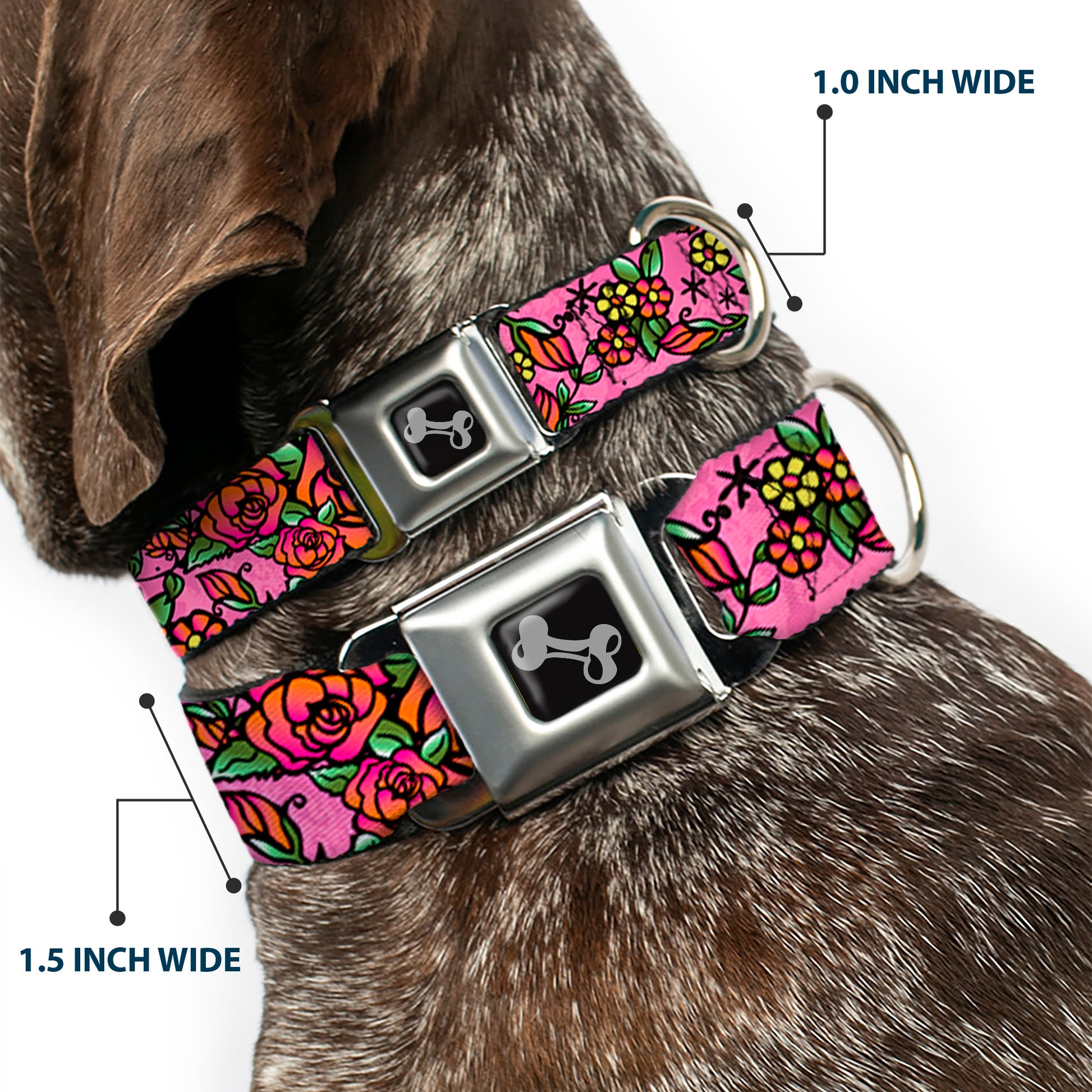 Dog Bone Seatbelt Buckle Collar - Born to Blossom CLOSE-UP Pink Seatbelt Buckle Collars Buckle-Down