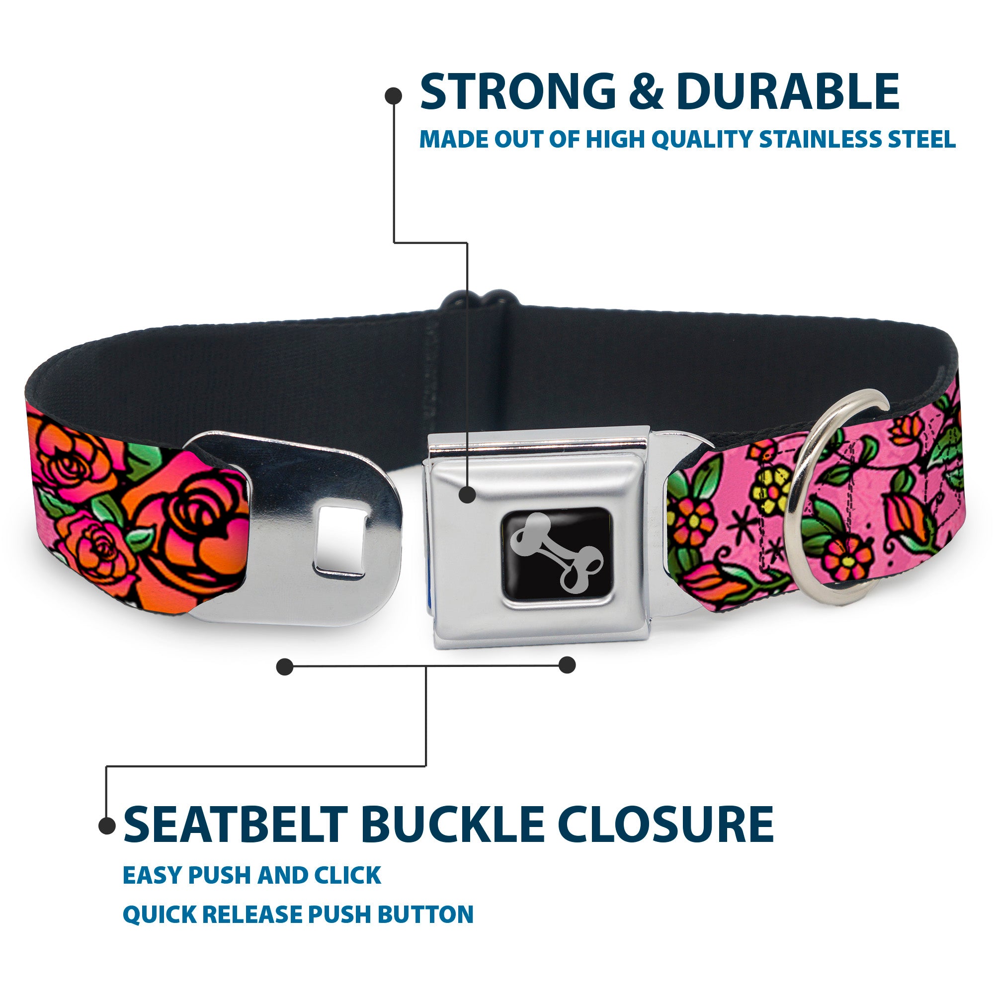 Dog Bone Seatbelt Buckle Collar - Born to Blossom CLOSE-UP Pink Seatbelt Buckle Collars Buckle-Down