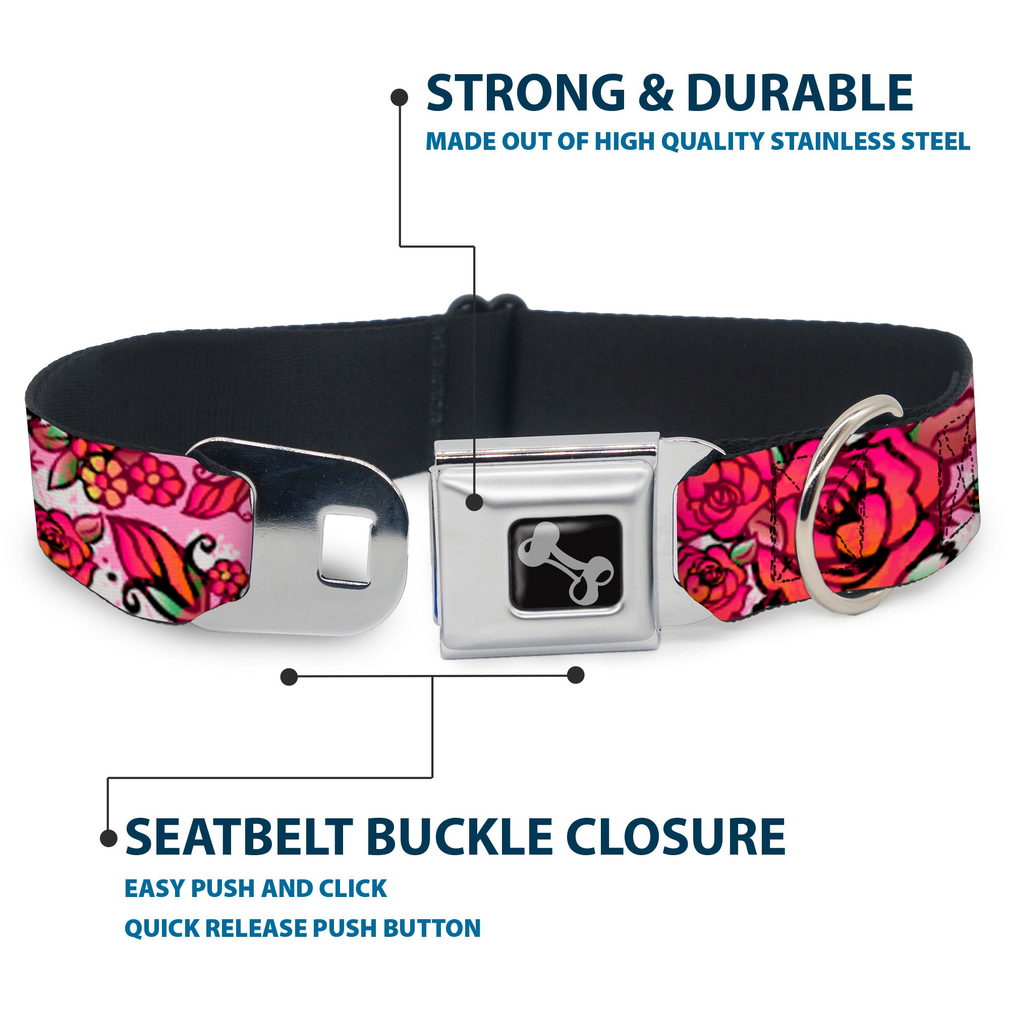 Dog Bone Seatbelt Buckle Collar - Born to Blossom CLOSE-UP White Seatbelt Buckle Collars Buckle-Down
