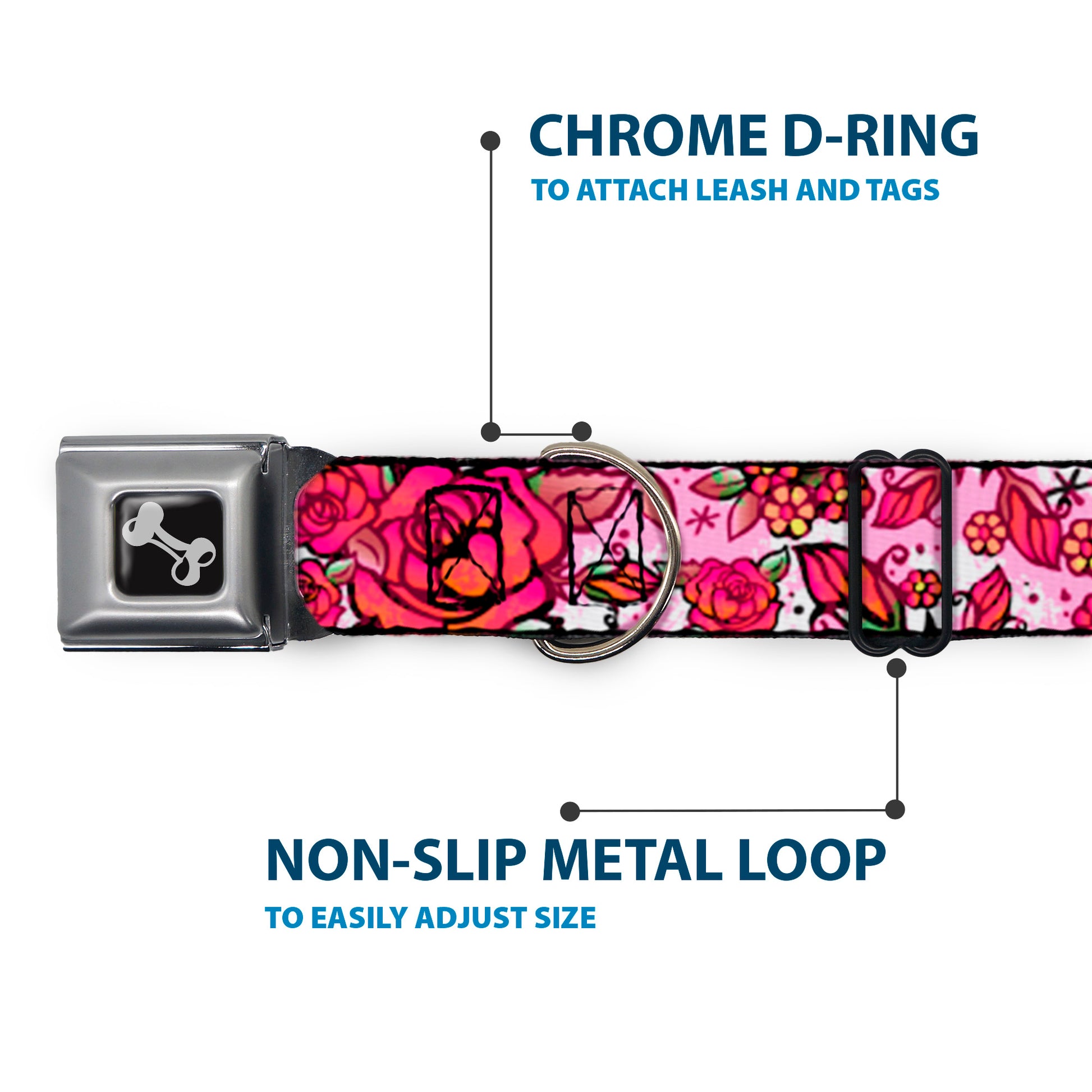 Dog Bone Seatbelt Buckle Collar - Born to Blossom CLOSE-UP White Seatbelt Buckle Collars Buckle-Down