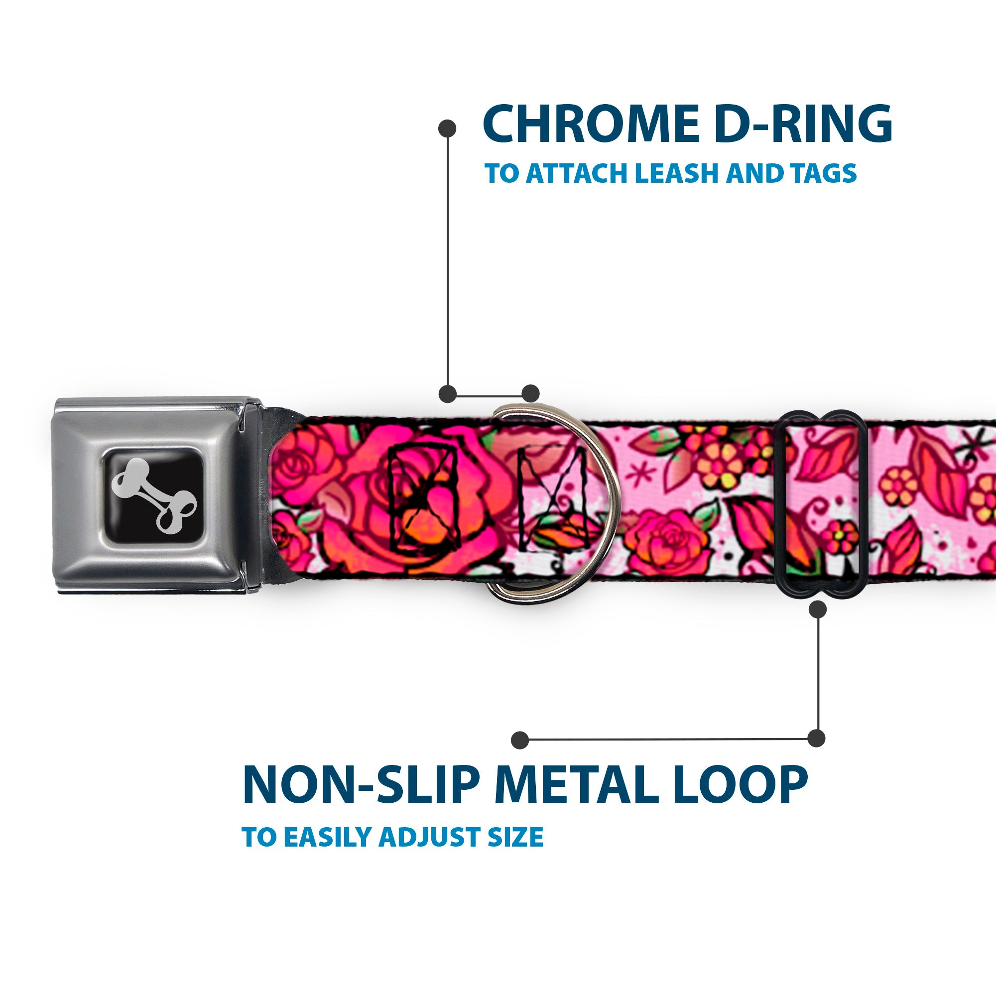 Dog Bone Seatbelt Buckle Collar - Born to Blossom CLOSE-UP White Seatbelt Buckle Collars Buckle-Down