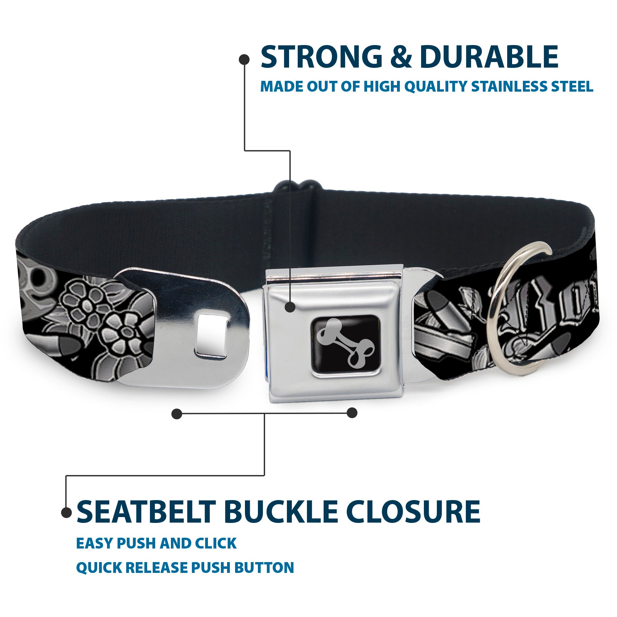 Dog Bone Seatbelt Buckle Collar - Born to Raise Hell Black/White Seatbelt Buckle Collars Buckle-Down