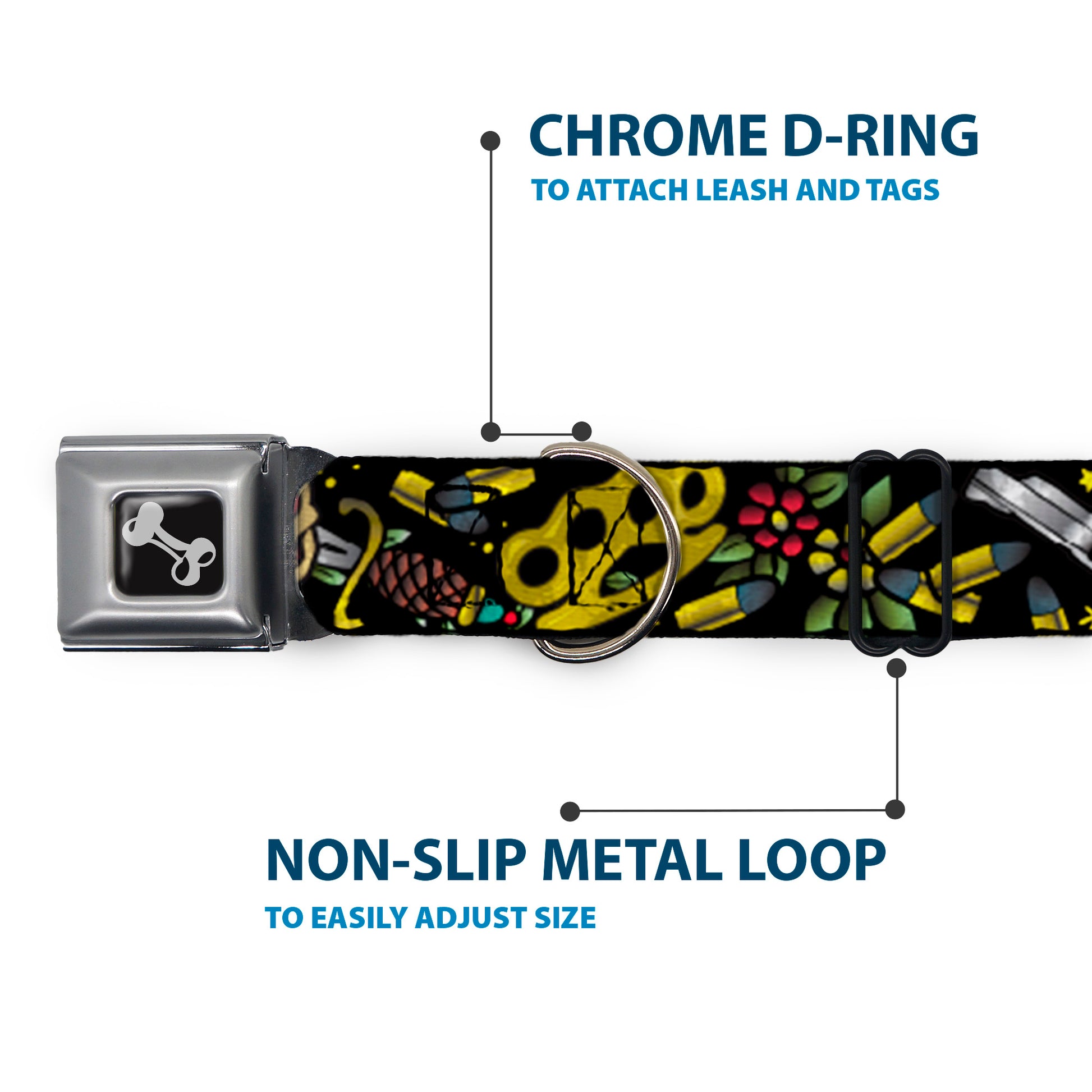 Dog Bone Seatbelt Buckle Collar - Born to Raise Hell CLOSE-UP Black Seatbelt Buckle Collars Buckle-Down