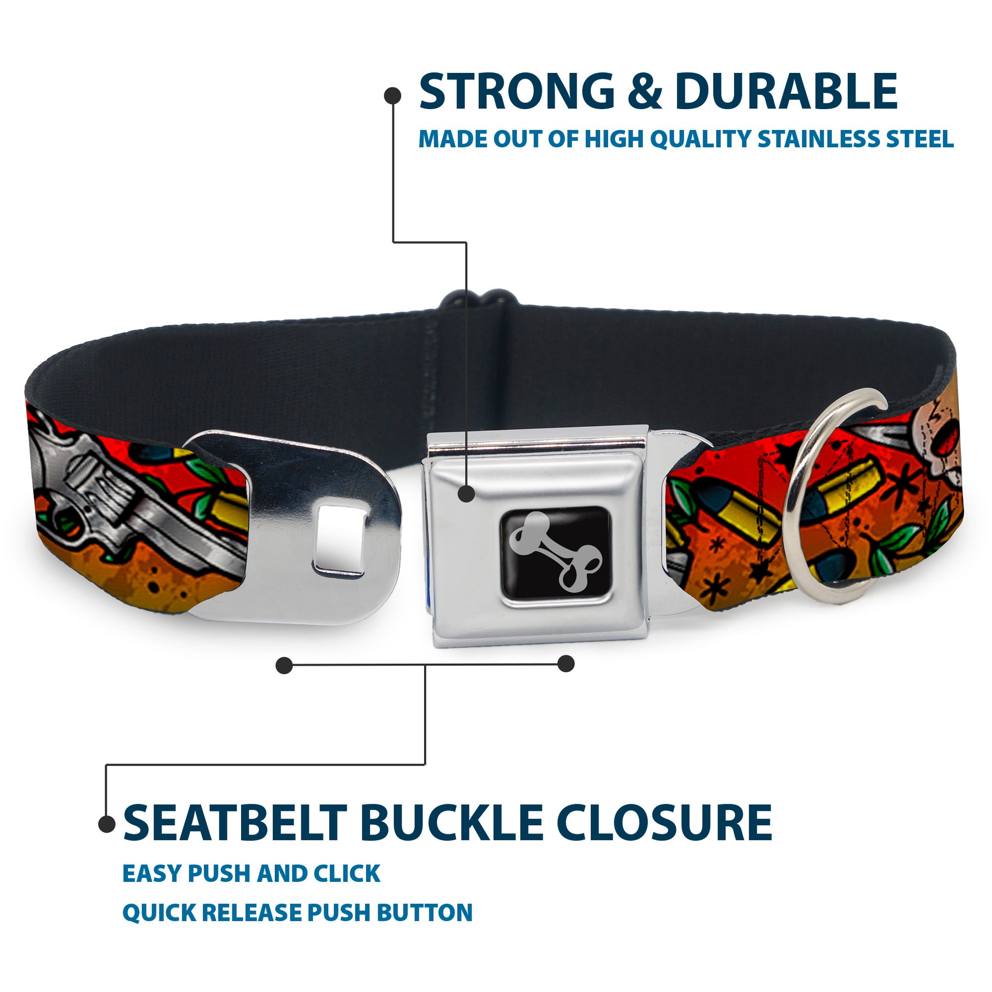Dog Bone Seatbelt Buckle Collar - Born to Raise Hell CLOSE-UP Red Seatbelt Buckle Collars Buckle-Down