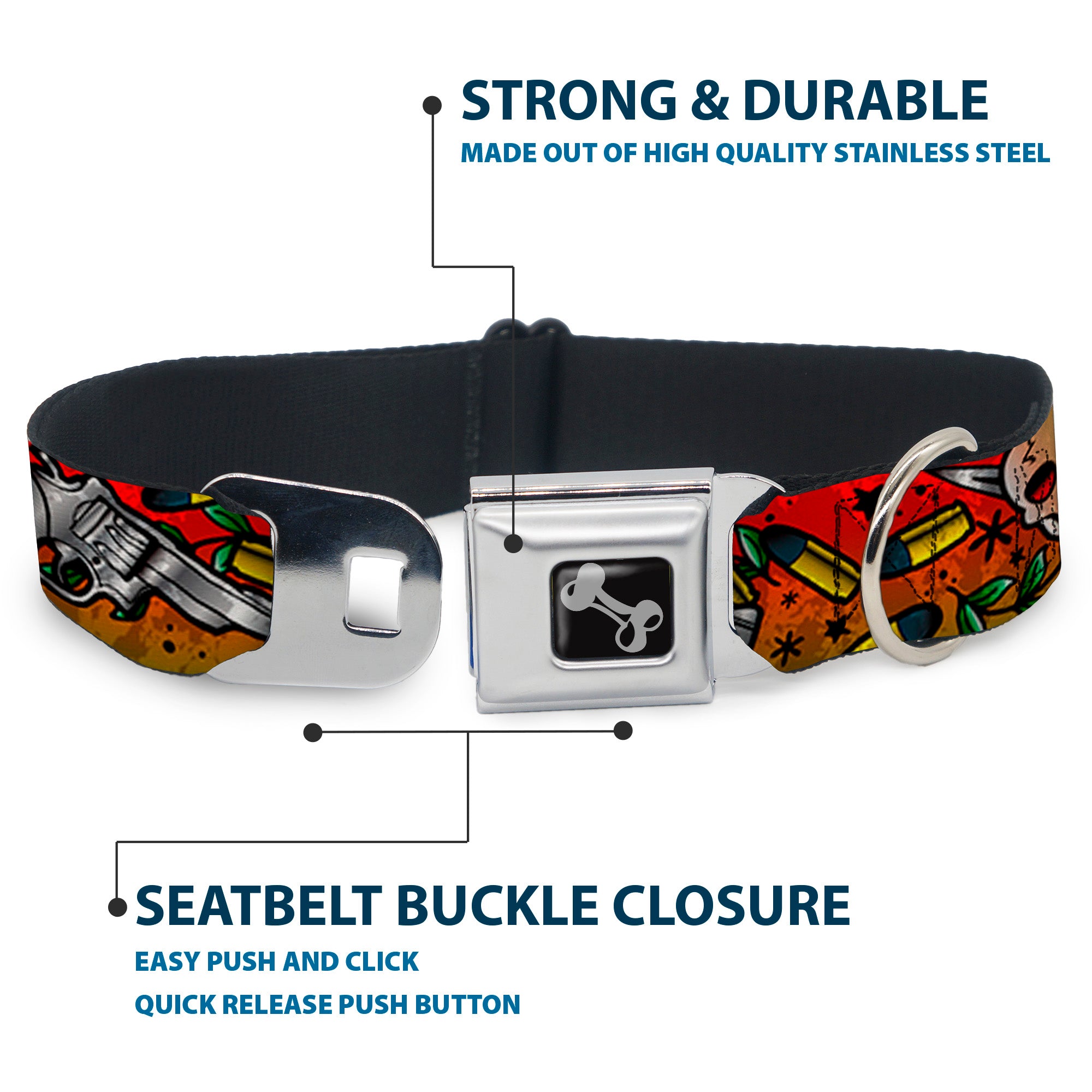Dog Bone Seatbelt Buckle Collar - Born to Raise Hell CLOSE-UP Red Seatbelt Buckle Collars Buckle-Down