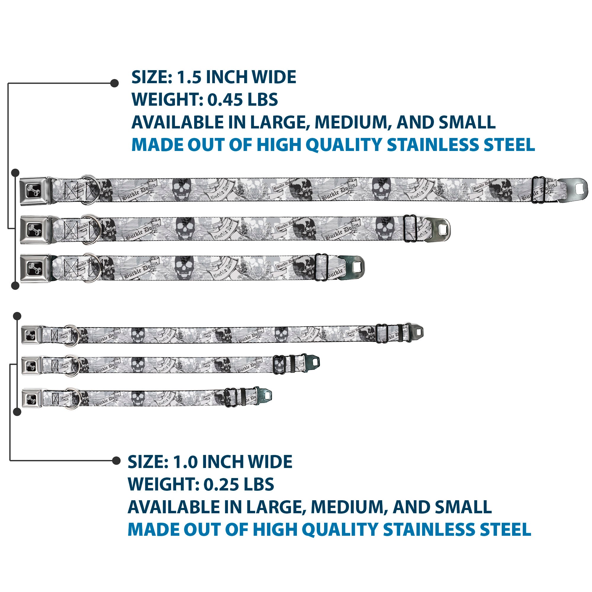 Dog Bone Seatbelt Buckle Collar - BD Skull w/Roses Seatbelt Buckle Collars Buckle-Down