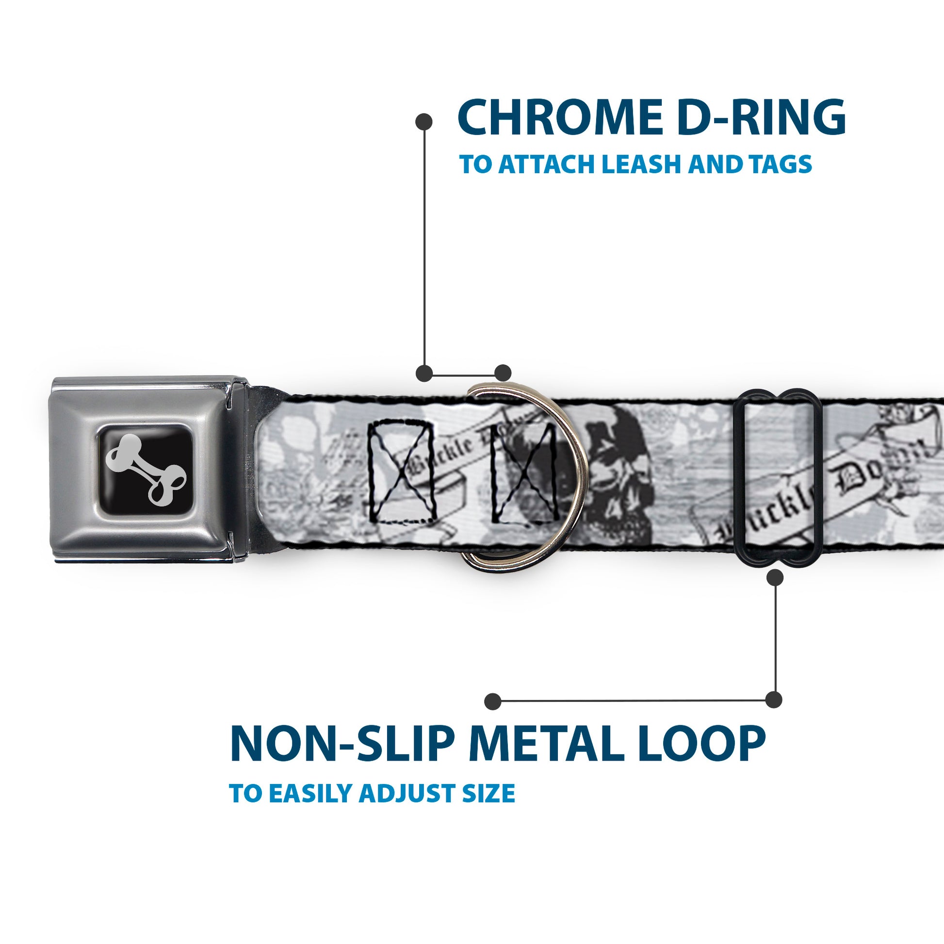 Dog Bone Seatbelt Buckle Collar - BD Skull w/Roses Seatbelt Buckle Collars Buckle-Down