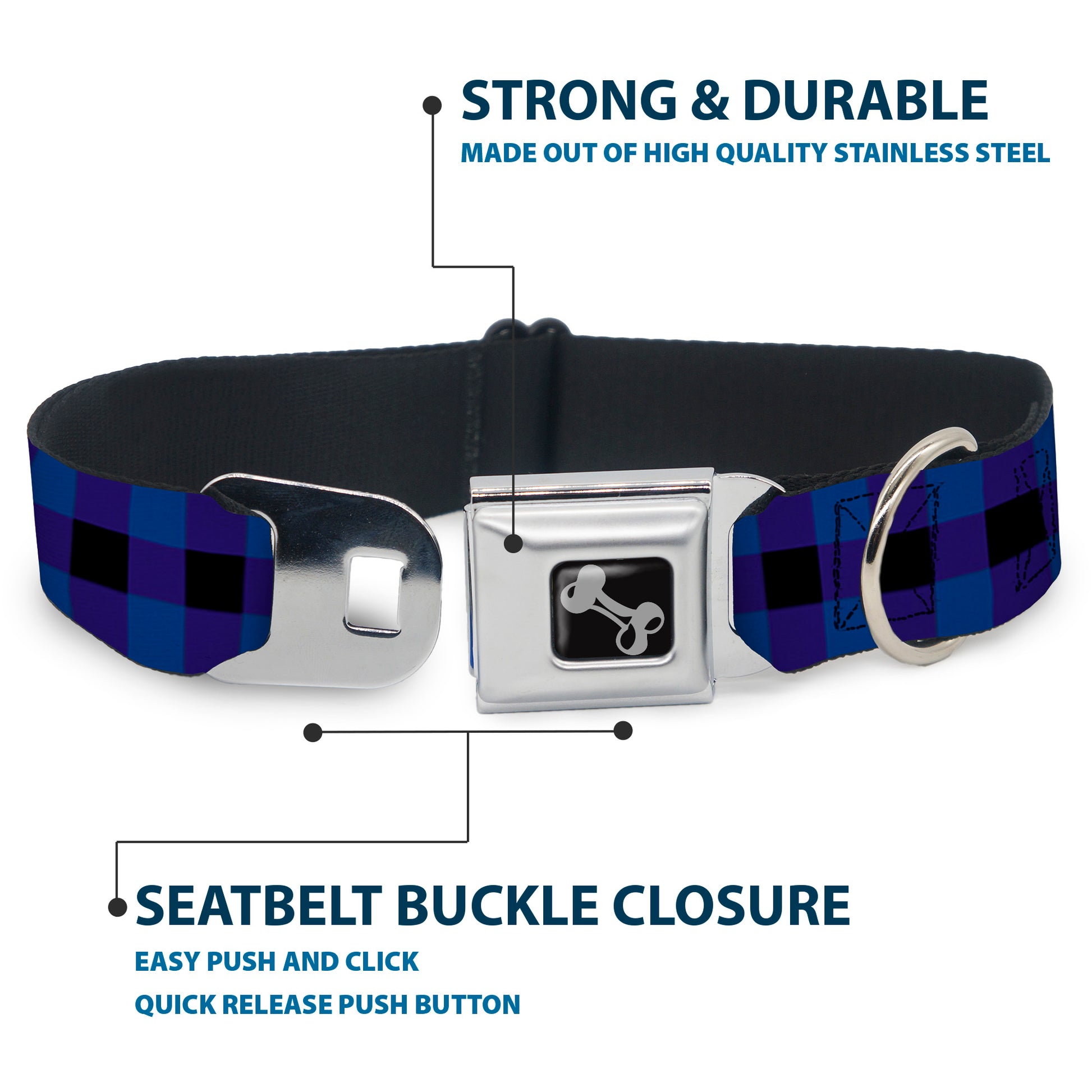 Dog Bone Seatbelt Buckle Collar - Buffalo Plaid Black/Blue Seatbelt Buckle Collars Buckle-Down