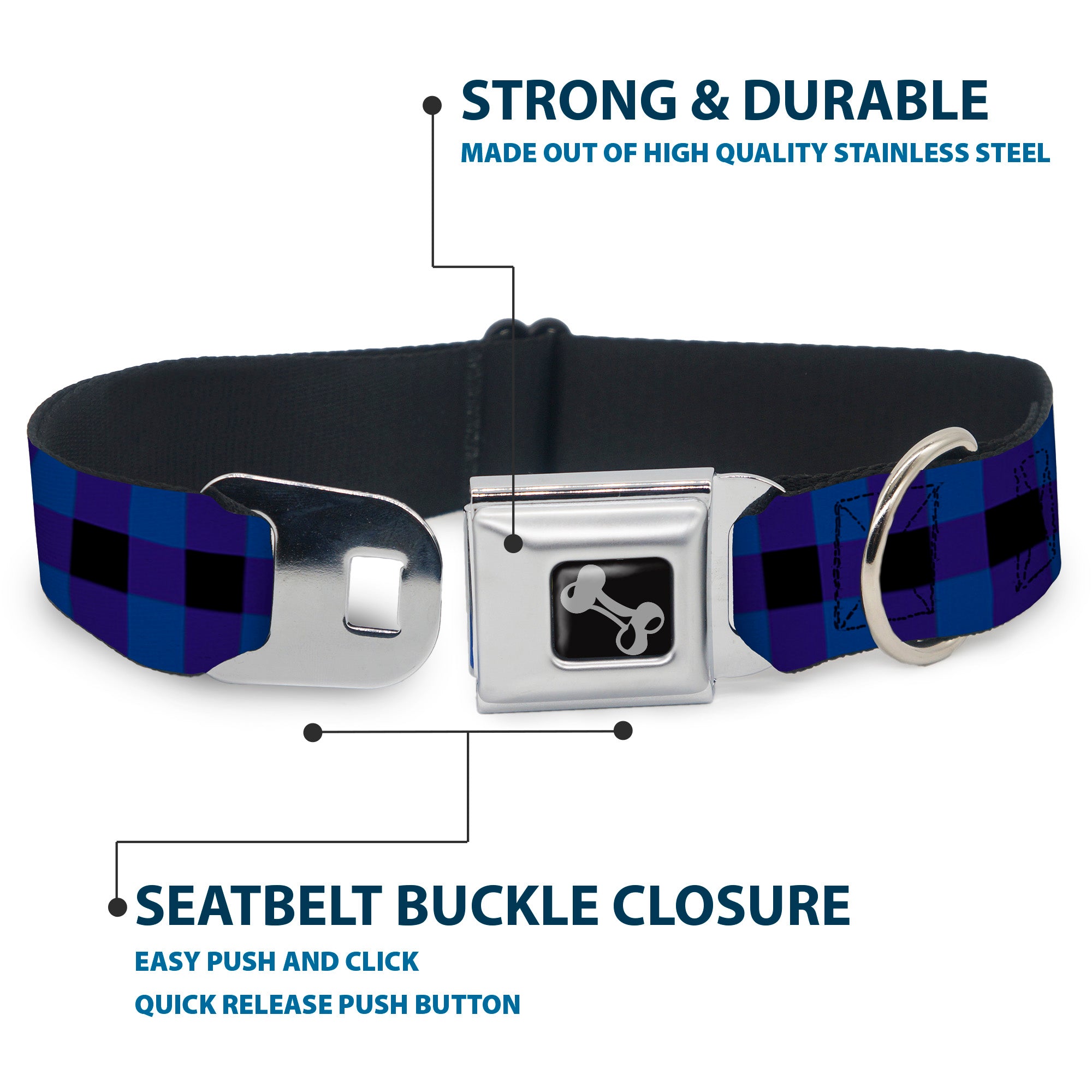 Dog Bone Seatbelt Buckle Collar - Buffalo Plaid Black/Blue Seatbelt Buckle Collars Buckle-Down