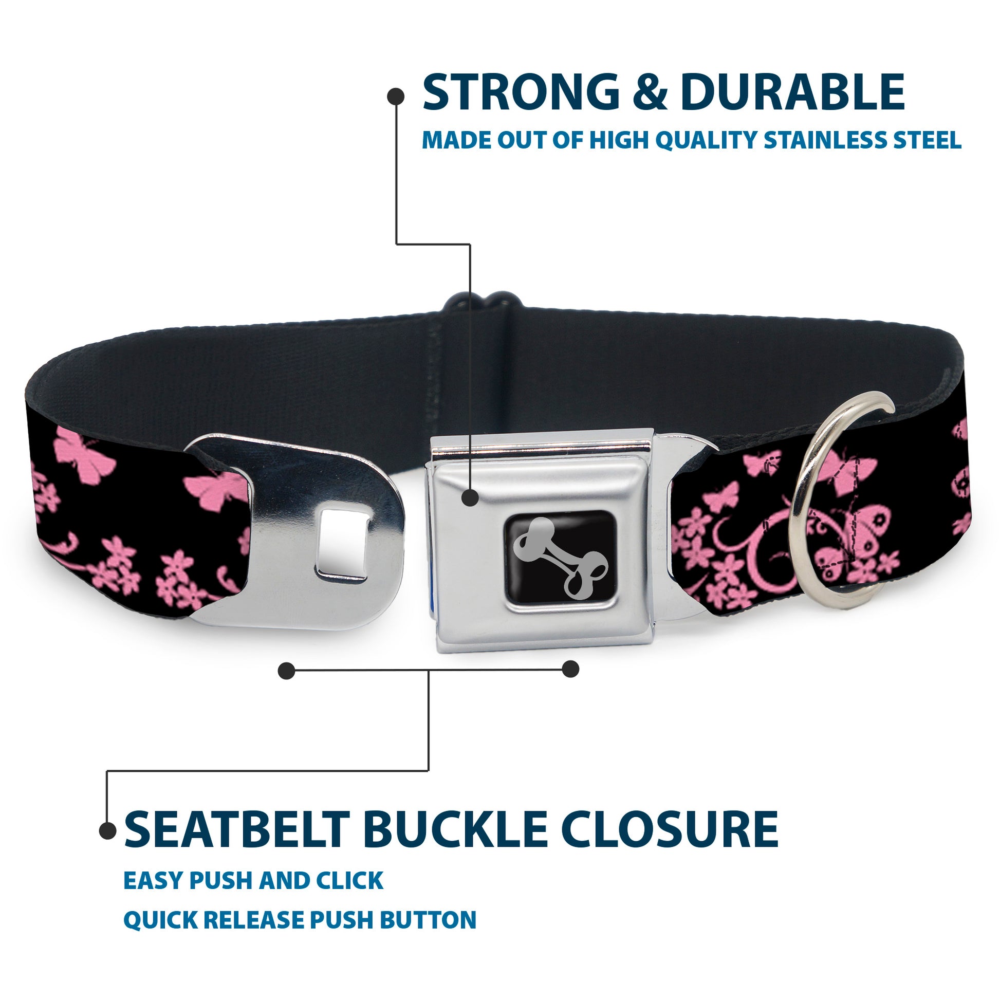 Dog Bone Seatbelt Buckle Collar - Butterfly Garden Black/Pink Seatbelt Buckle Collars Buckle-Down