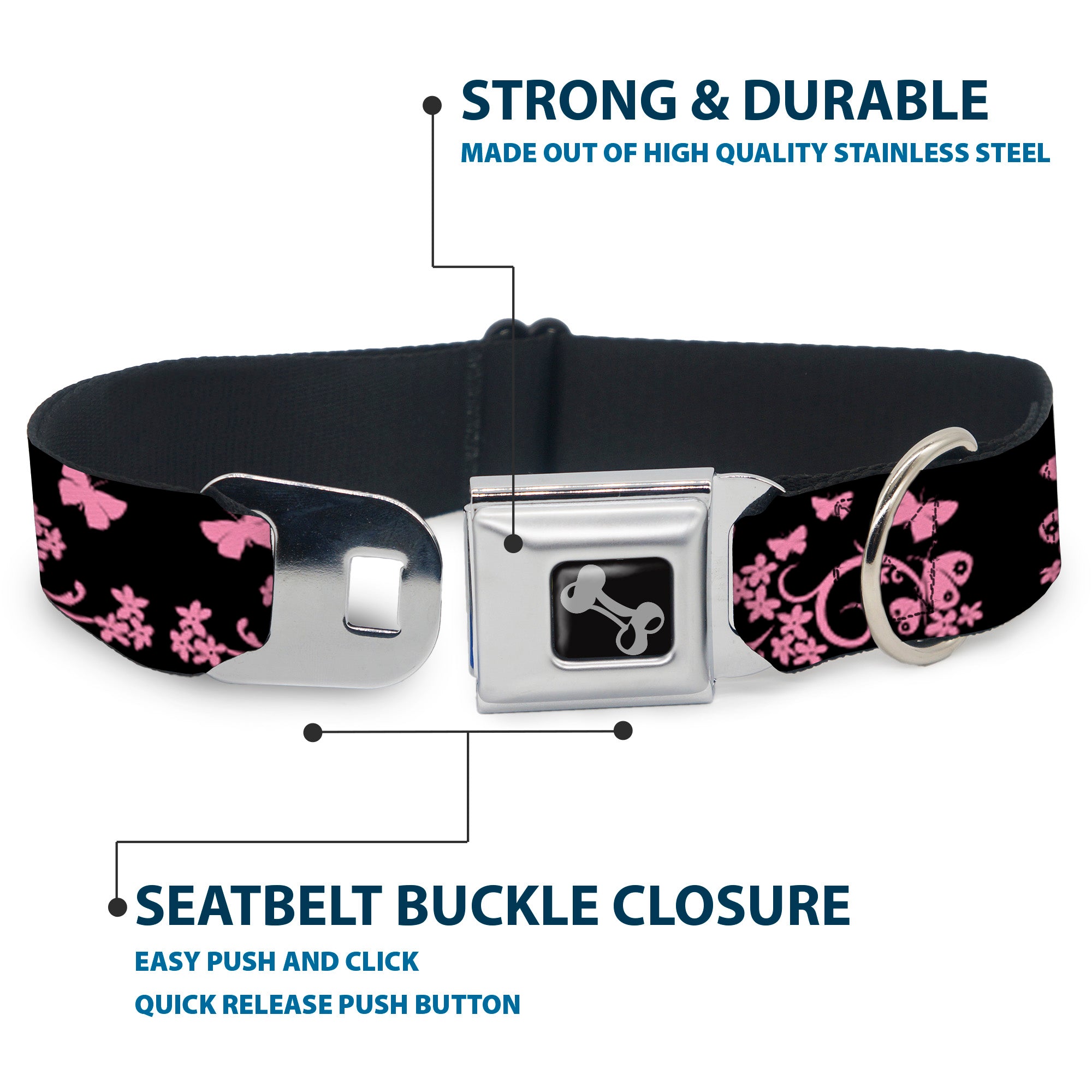 Dog Bone Seatbelt Buckle Collar - Butterfly Garden Black/Pink Seatbelt Buckle Collars Buckle-Down
