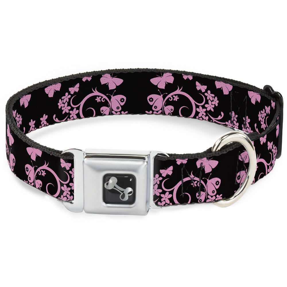 Dog Bone Seatbelt Buckle Collar - Butterfly Garden Black/Pink Seatbelt Buckle Collars Buckle-Down