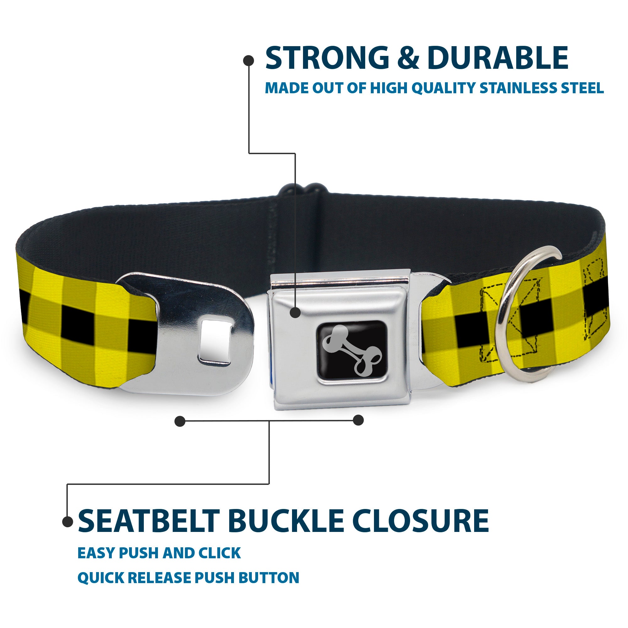 Dog Bone Seatbelt Buckle Collar - Buffalo Plaid Black/Neon Yellow Seatbelt Buckle Collars Buckle-Down
