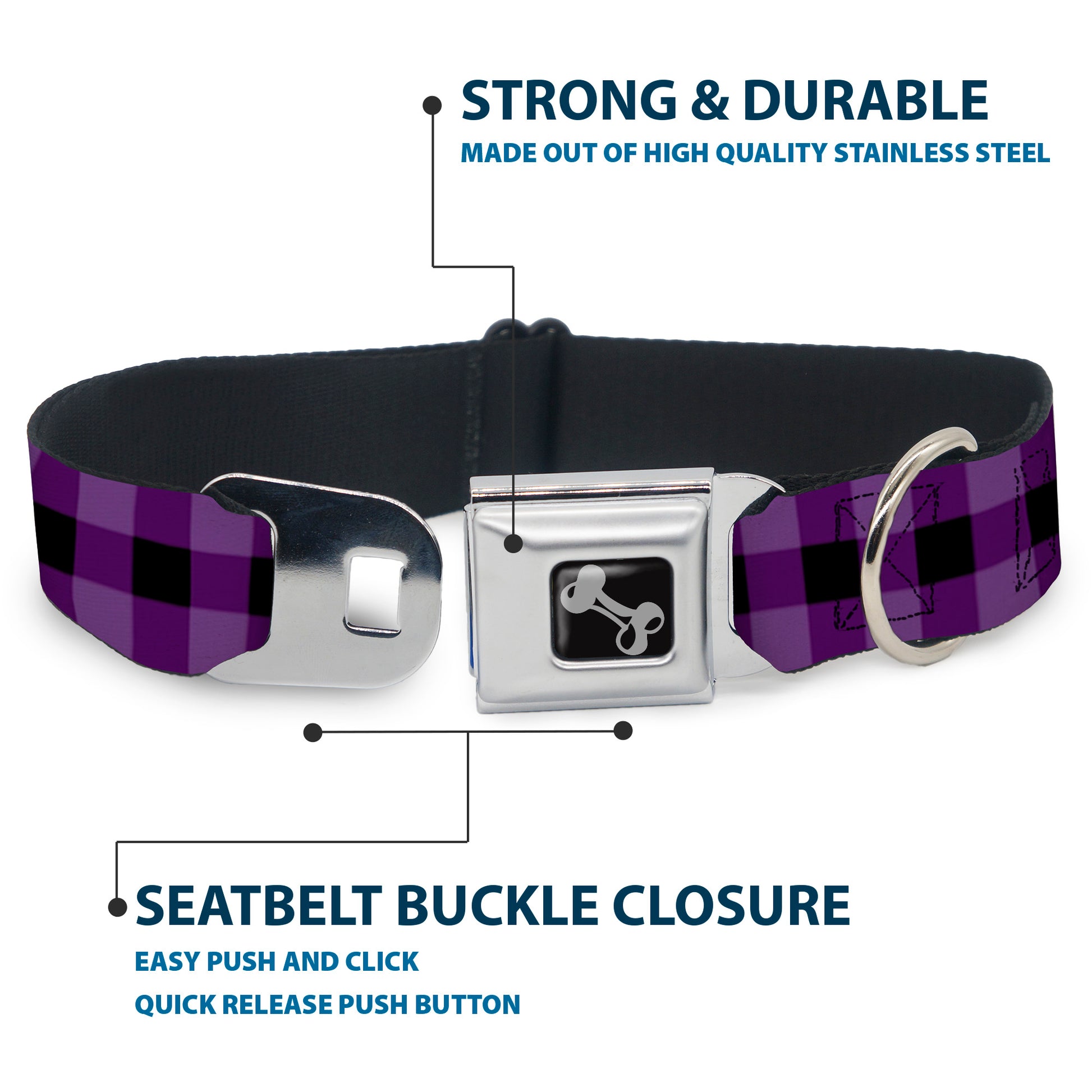 Dog Bone Seatbelt Buckle Collar - Buffalo Plaid Black/Purple Seatbelt Buckle Collars Buckle-Down