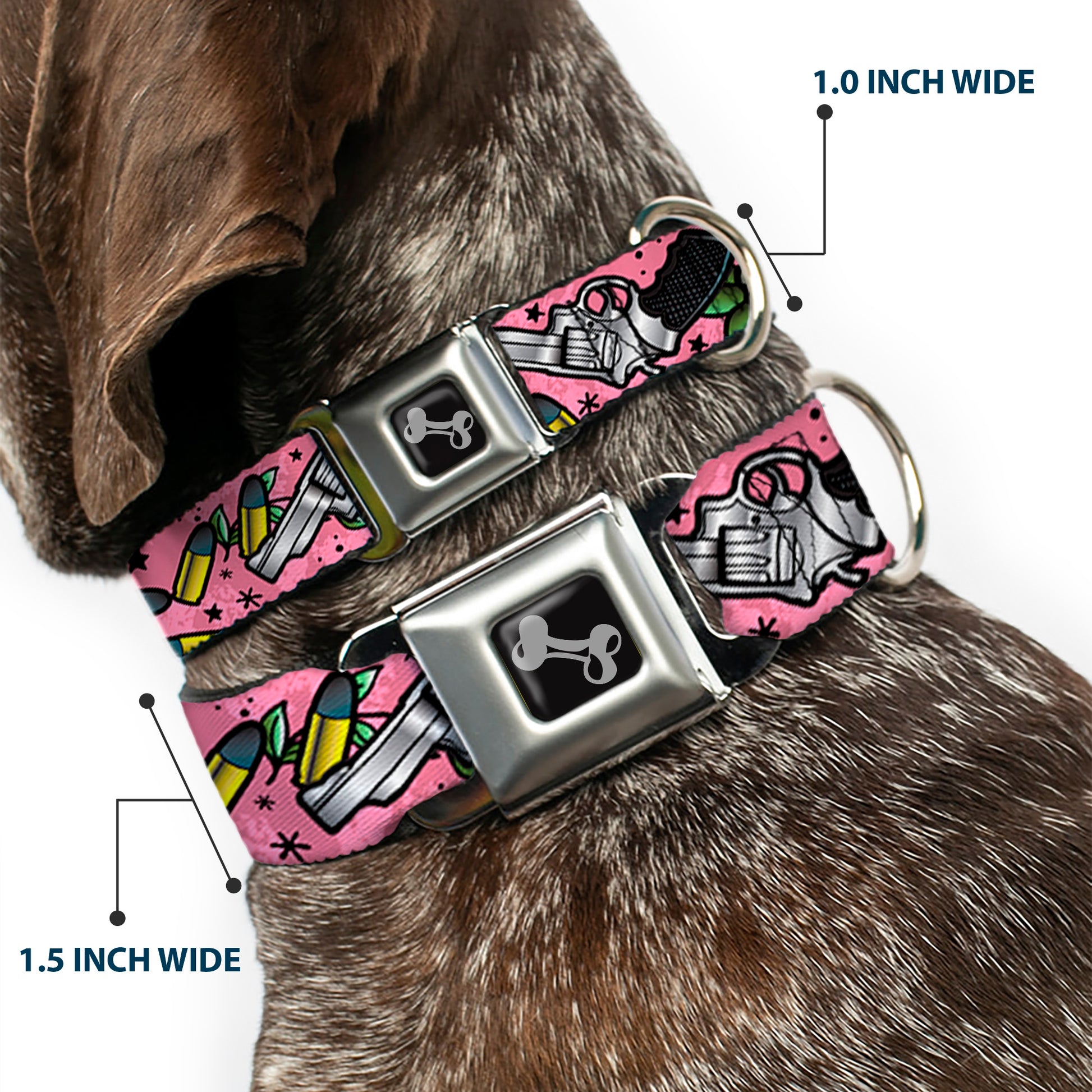 Dog Bone Seatbelt Buckle Collar - Born to Raise Hell CLOSE-UP Pink Seatbelt Buckle Collars Buckle-Down