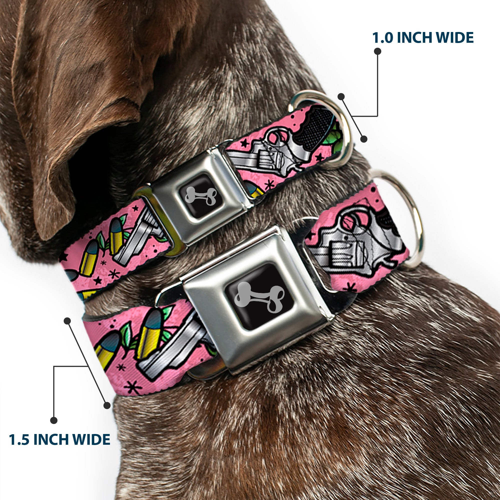 Dog Bone Seatbelt Buckle Collar - Born to Raise Hell CLOSE-UP Pink Seatbelt Buckle Collars Buckle-Down