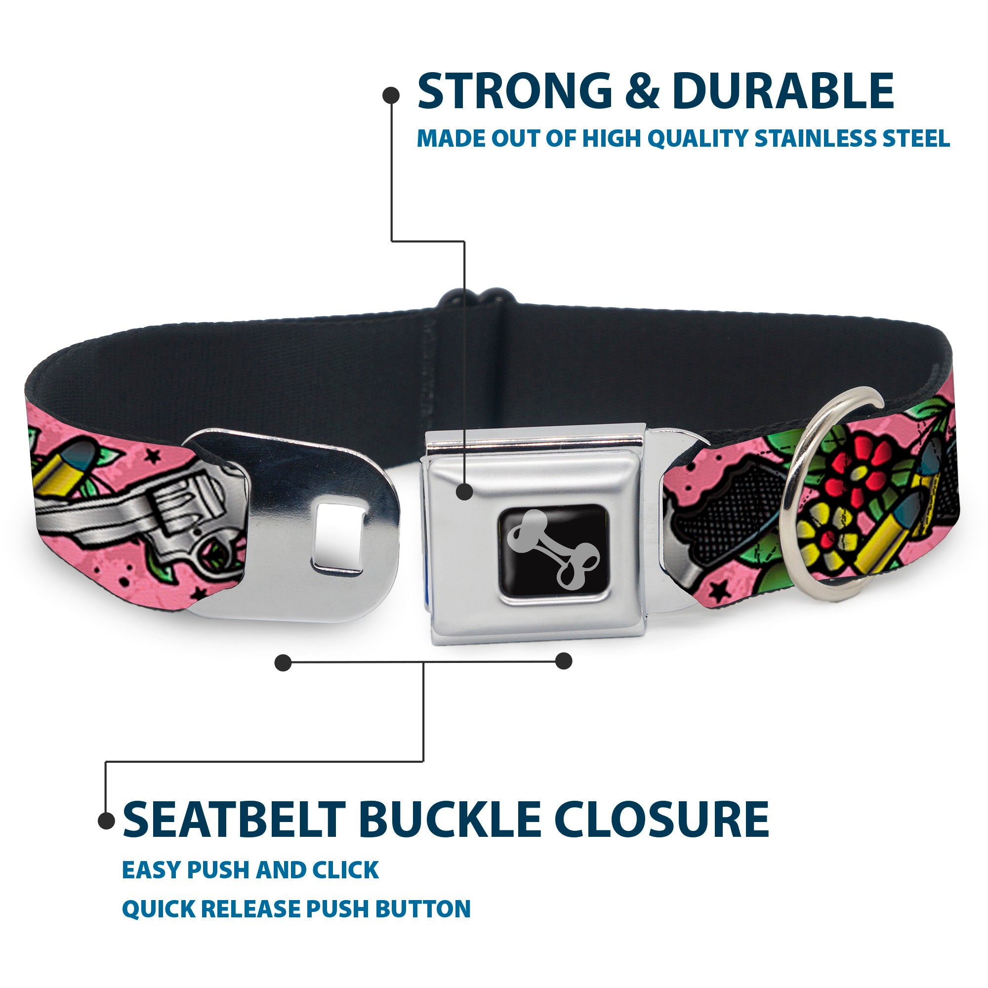 Dog Bone Seatbelt Buckle Collar - Born to Raise Hell CLOSE-UP Pink Seatbelt Buckle Collars Buckle-Down