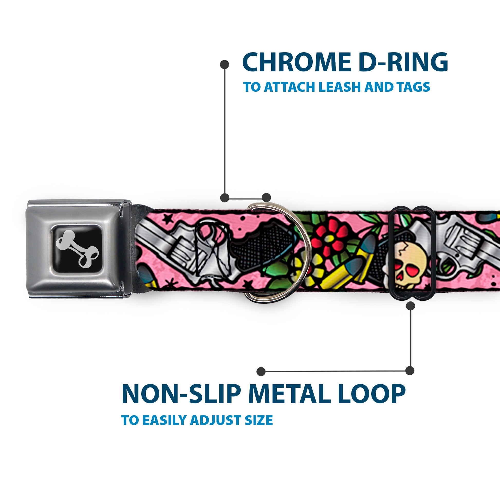 Dog Bone Seatbelt Buckle Collar - Born to Raise Hell CLOSE-UP Pink Seatbelt Buckle Collars Buckle-Down