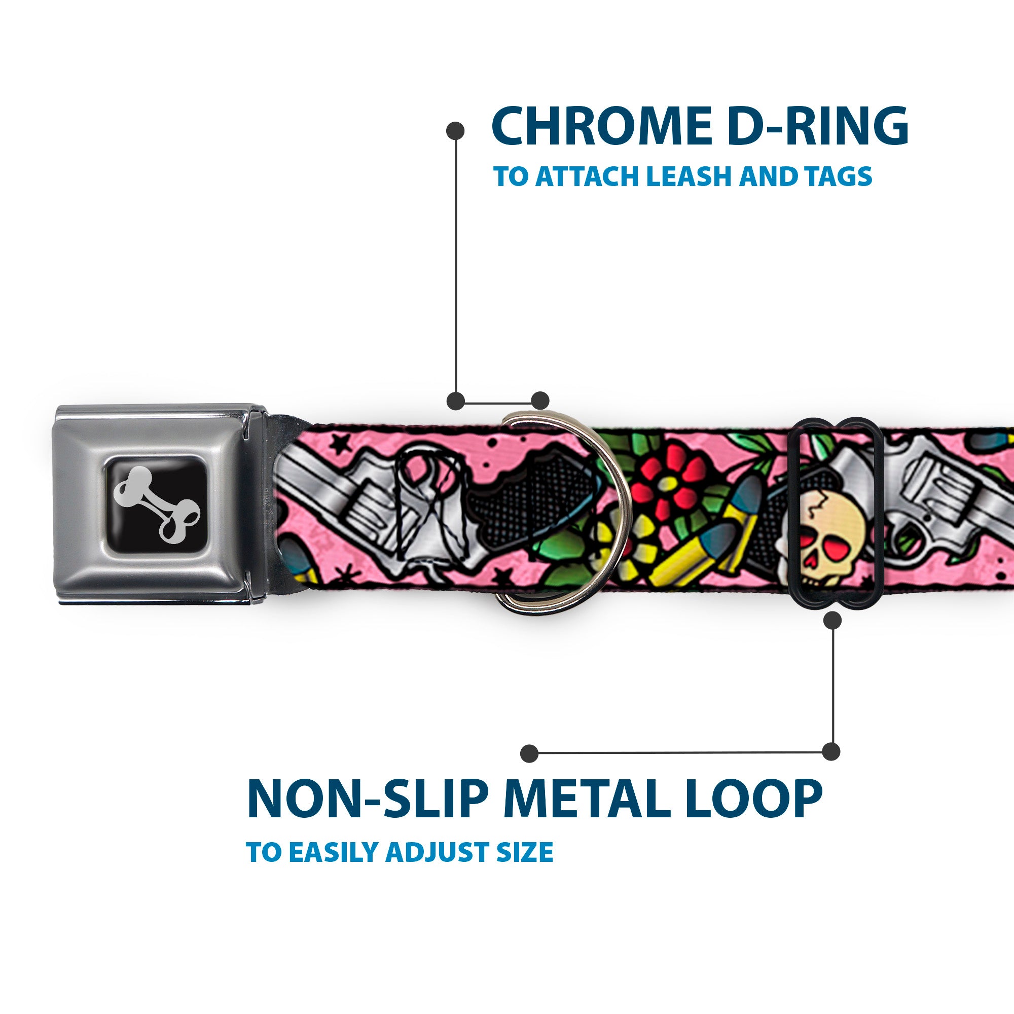 Dog Bone Seatbelt Buckle Collar - Born to Raise Hell CLOSE-UP Pink Seatbelt Buckle Collars Buckle-Down