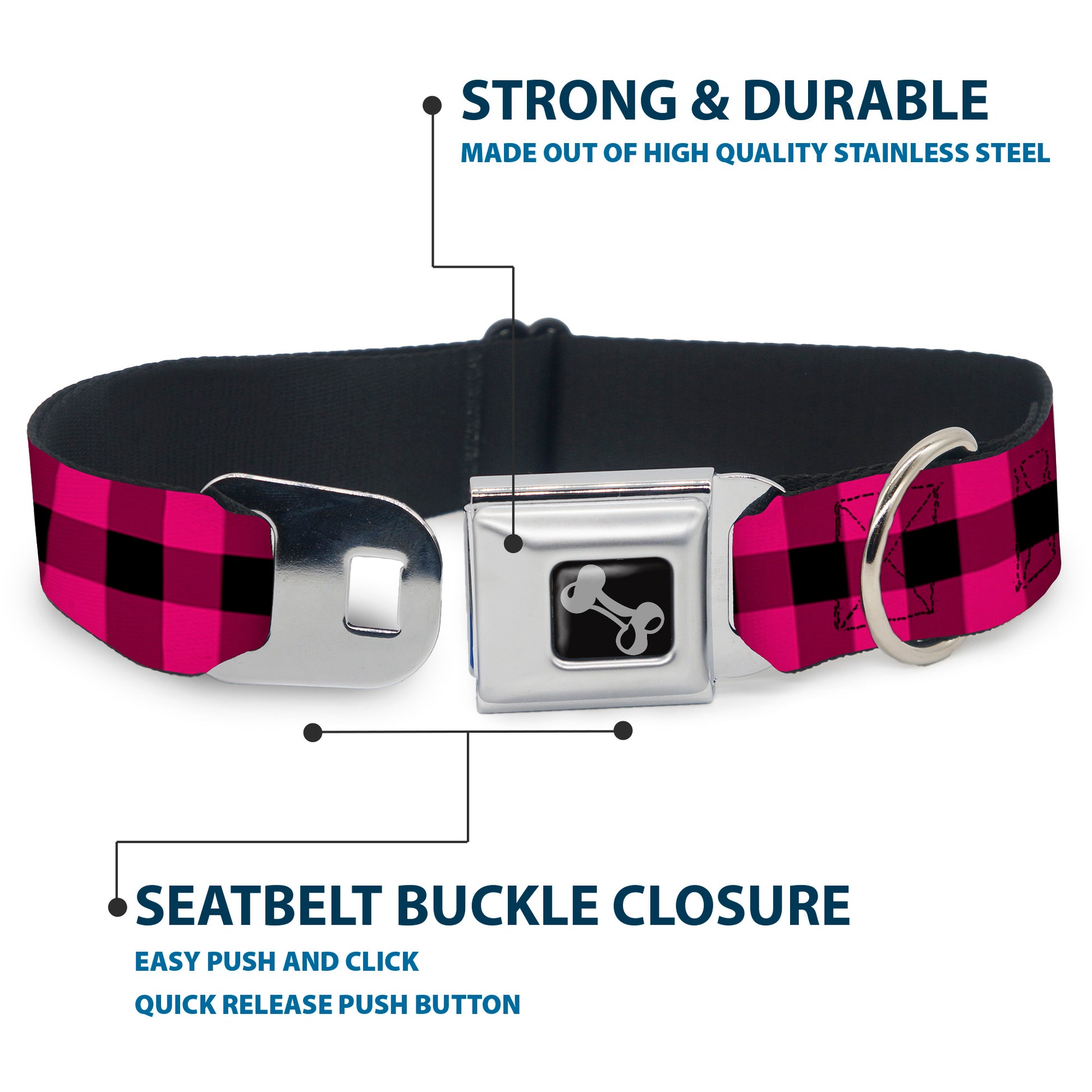 Dog Bone Seatbelt Buckle Collar - Buffalo Plaid Black/Fuchsia Seatbelt Buckle Collars Buckle-Down