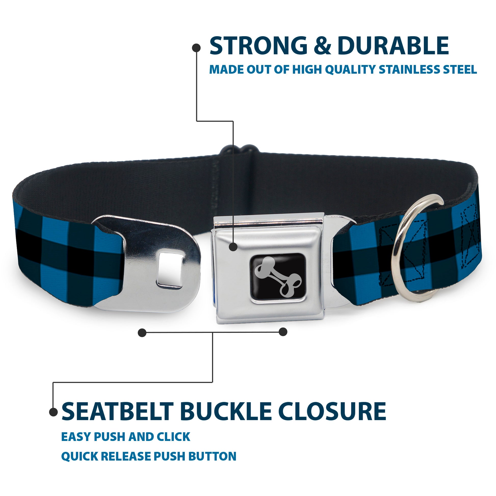 Dog Bone Seatbelt Buckle Collar - Buffalo Plaid Black/Turquoise Seatbelt Buckle Collars Buckle-Down